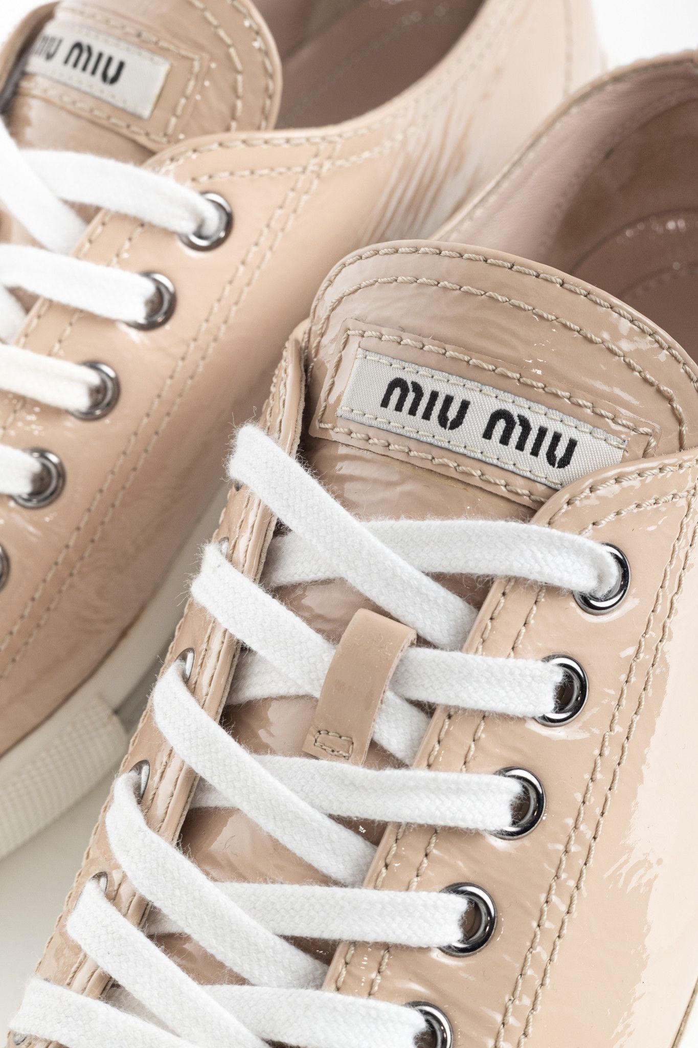 Miu Miu Miu Miu Nude Patent-Leather Cap-Toe Lace-Up Sneakers Size US 4.5 / IT 34.5 - 8 Thumbnail