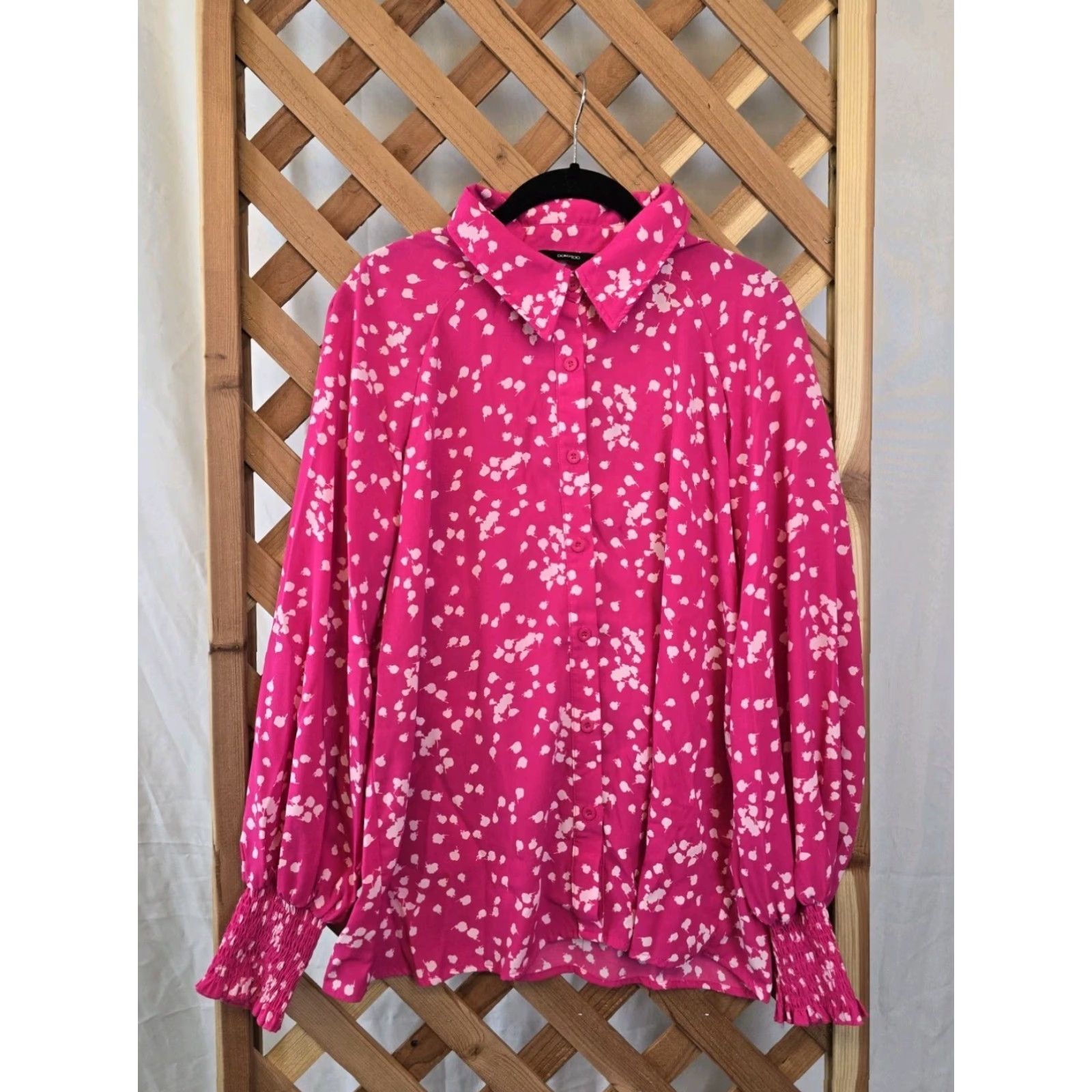Vintage DOKOTOO Blouse - Womens Casual V Neck Long Sleeve Button Down - Pink - Size L - Polyester - Easy Care - Ruffle - Regular Fit Size L / US 10 / IT 46 - 2 Thumbnail