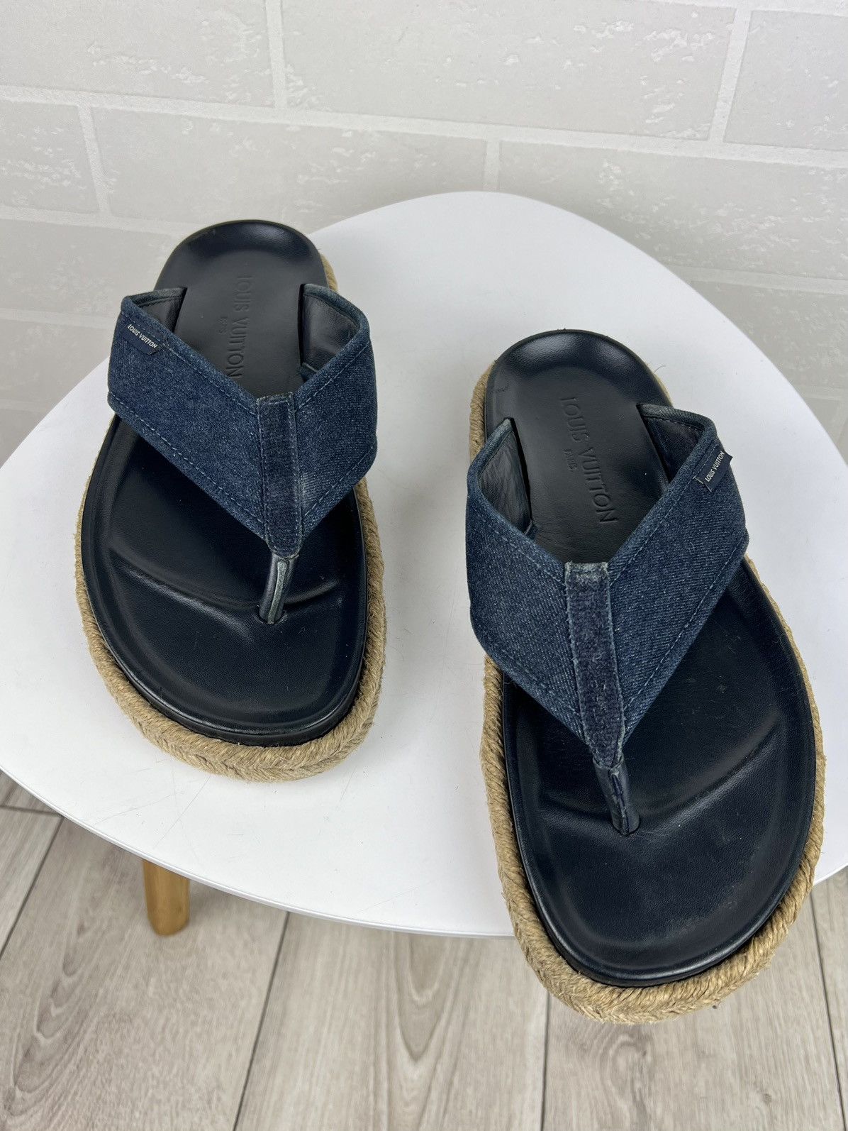 Louis Vuitton Sandals Flip Flops Leather Espadrilles Shoes in Blue, Men's (Size 9)