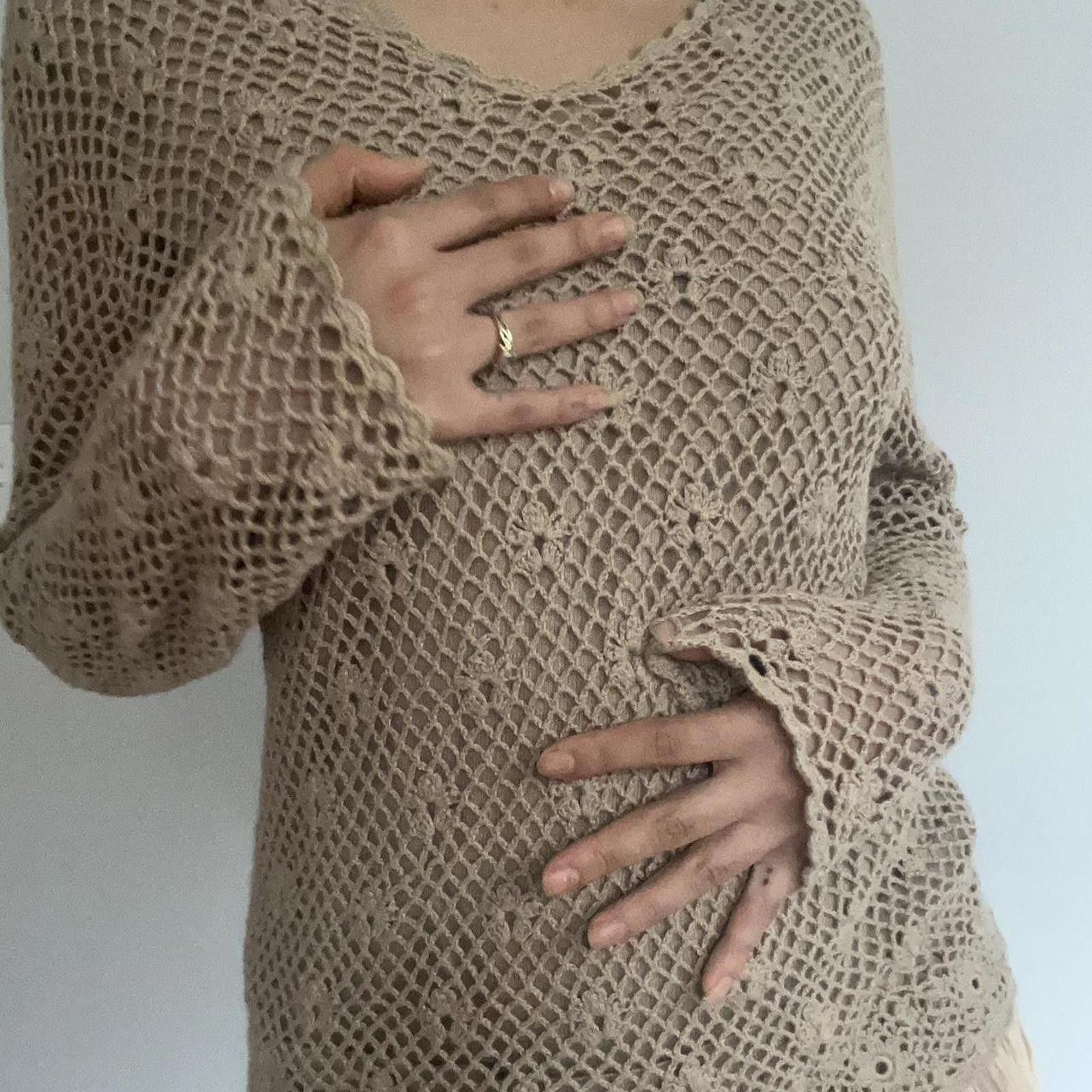 Croft & Barrow Tan crochet sweater with floral pattern long sleeves Size XXS / US 00 / IT 34 - 2 Thumbnail