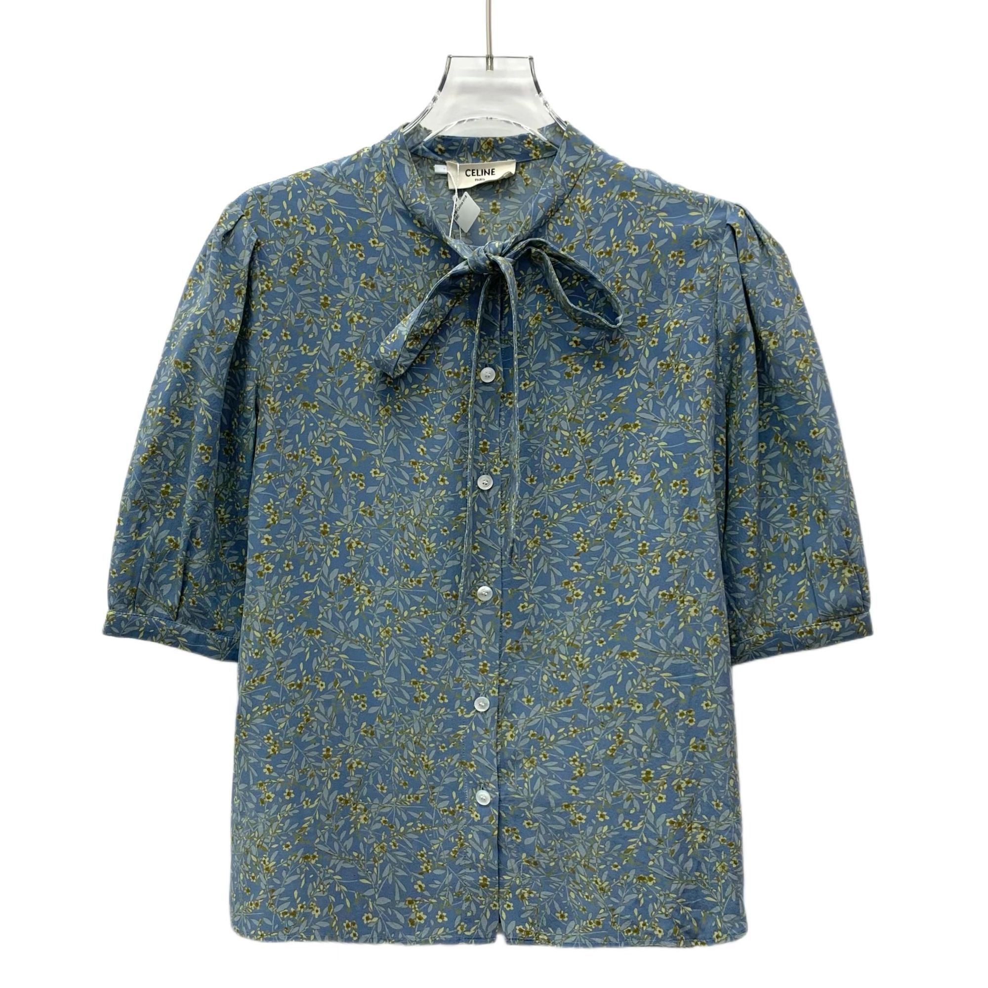 Celine Blue Floral Silk Bow Tie Short-Sleeved Shirt XS