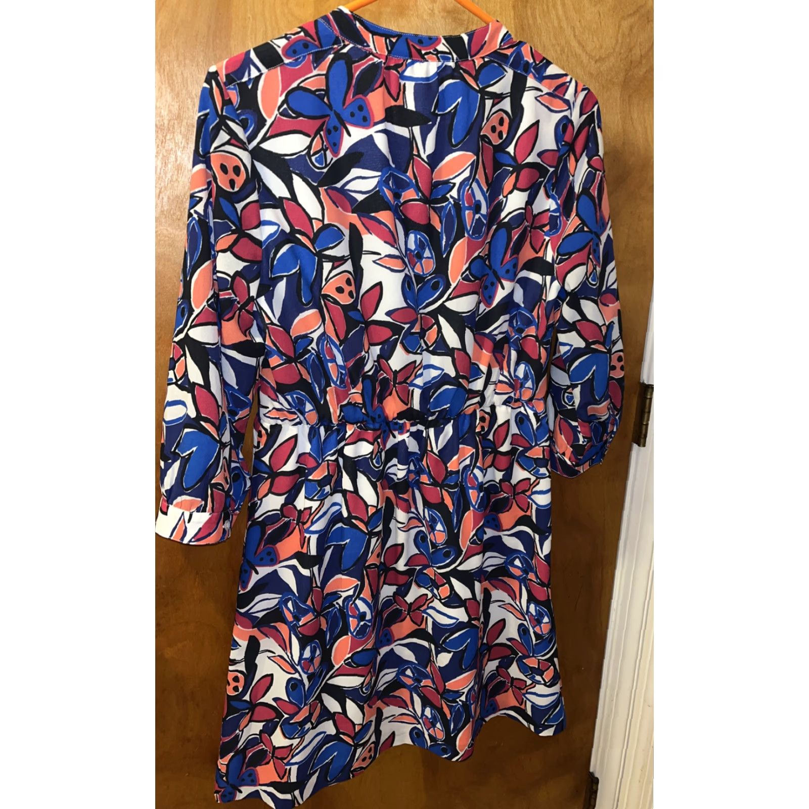 J.Crew J.CREW Womens 3/4 Sleeve Floral Blue Pink Printed Lace Up Dress Size XS A-Line Summer Casual Multicolor Polyester Short Size XS / US 0-2 / IT 36-38 - 4 Thumbnail