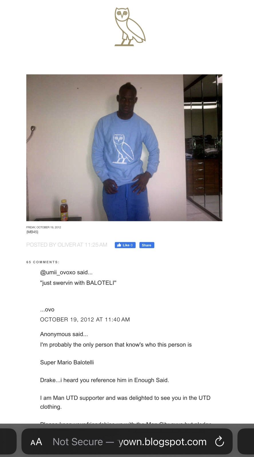 October's Very Own 2012 OVO “MB45” Mario Balotelli Player Exclusive Crewneck Size US M / EU 48-50 / 2 - 12 Thumbnail