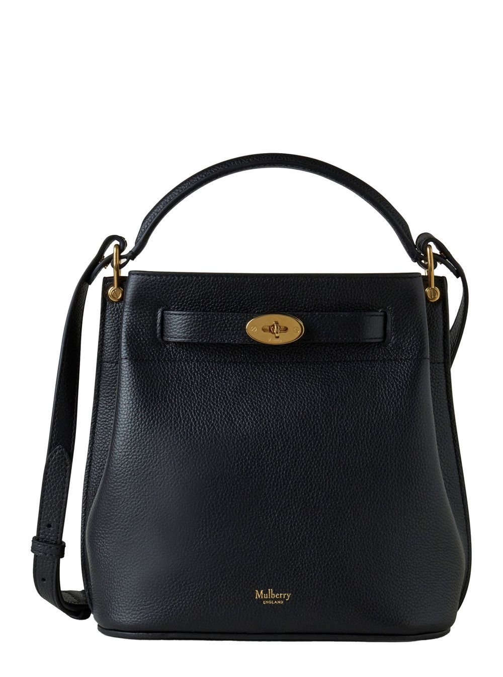 Mulberry 'small Islington' Black Bucket Bag With Twist Lock Closure In Hammered Leather Woman, Women's