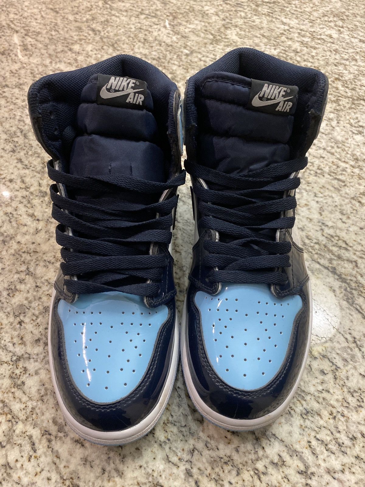image of Nike Jordan 1 Unc Patent Shoes in Blue, Men's (Size 8.5)