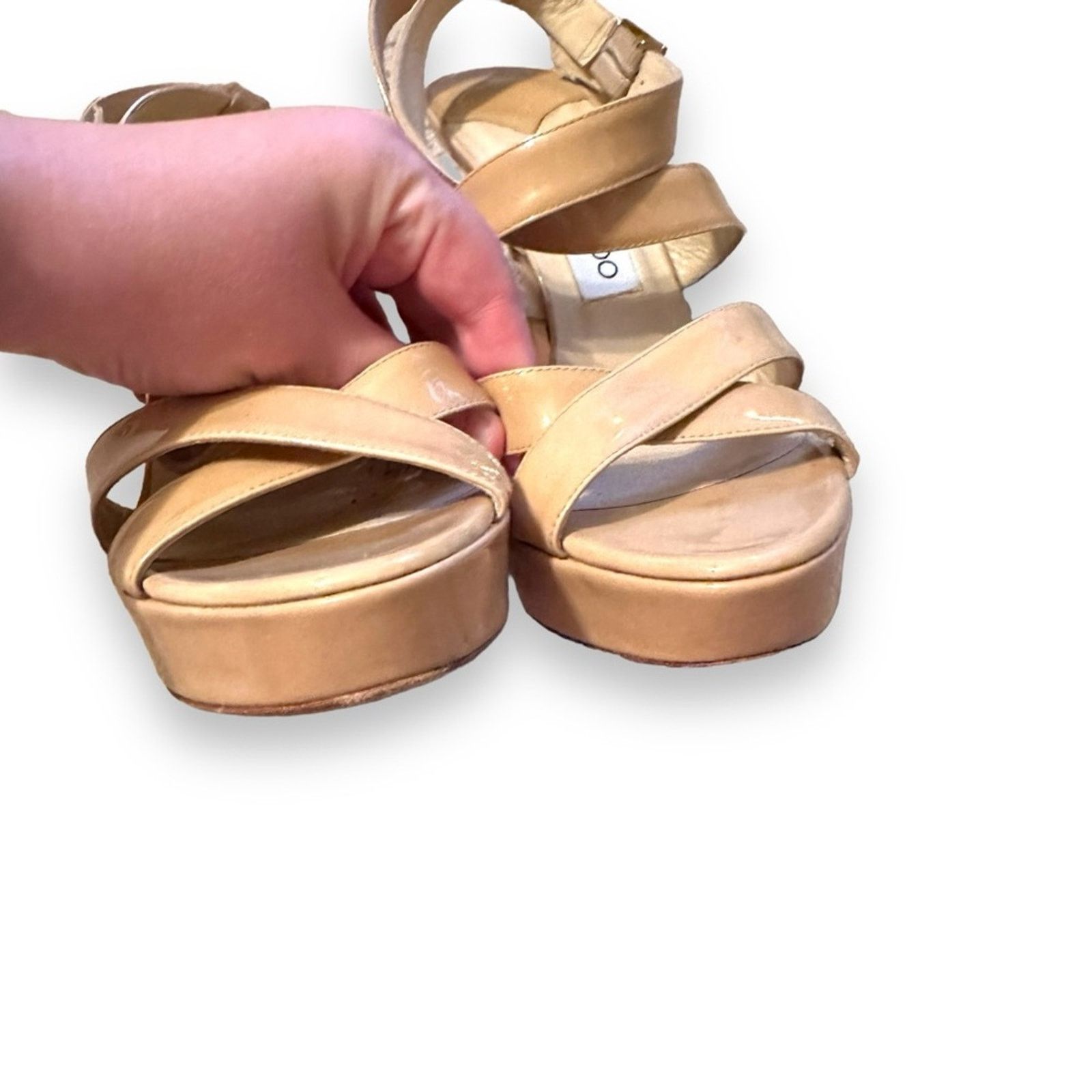 Jimmy Choo Jimmy Choo Beige Patent Leather Vamp Sandals Stiletto Heels Size US 8.5 / IT 38.5 - 6 Thumbnail