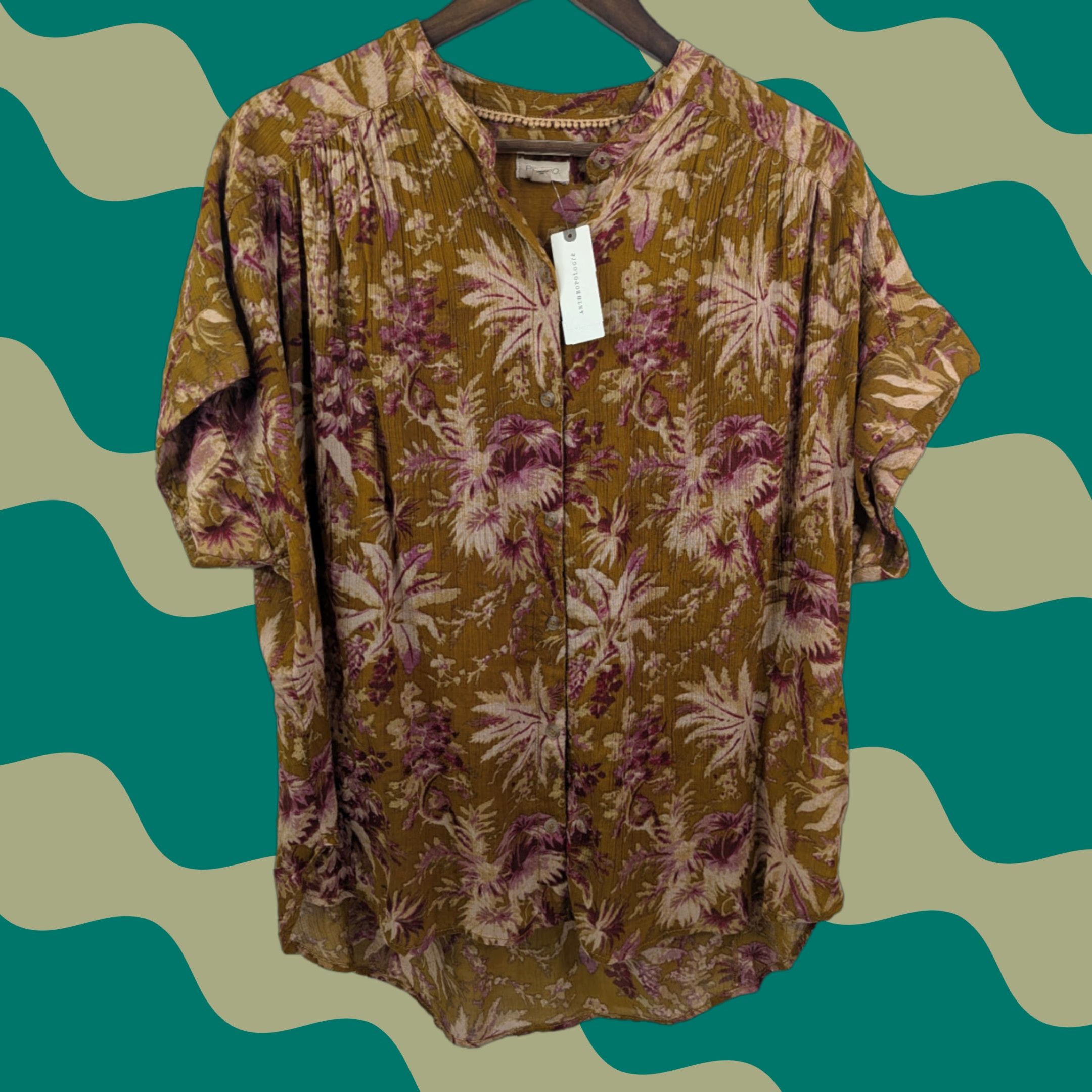 Anthropologie NWT Anthropologie Blouse Shirt Floral Short-Sleeve Batwing Peaches Cotton Women's L/XL Regular • Boho, College, Festival, Love, 90s? Size L / US 10 / IT 46 - 1 Thumbnail