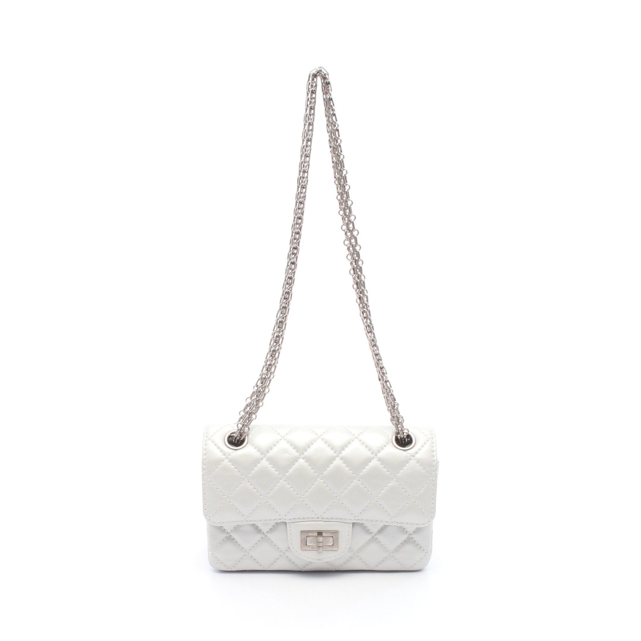 Chanel 2.55 Double Chain Shoulder Bag Leather White Antique Silver Hardware, Women's