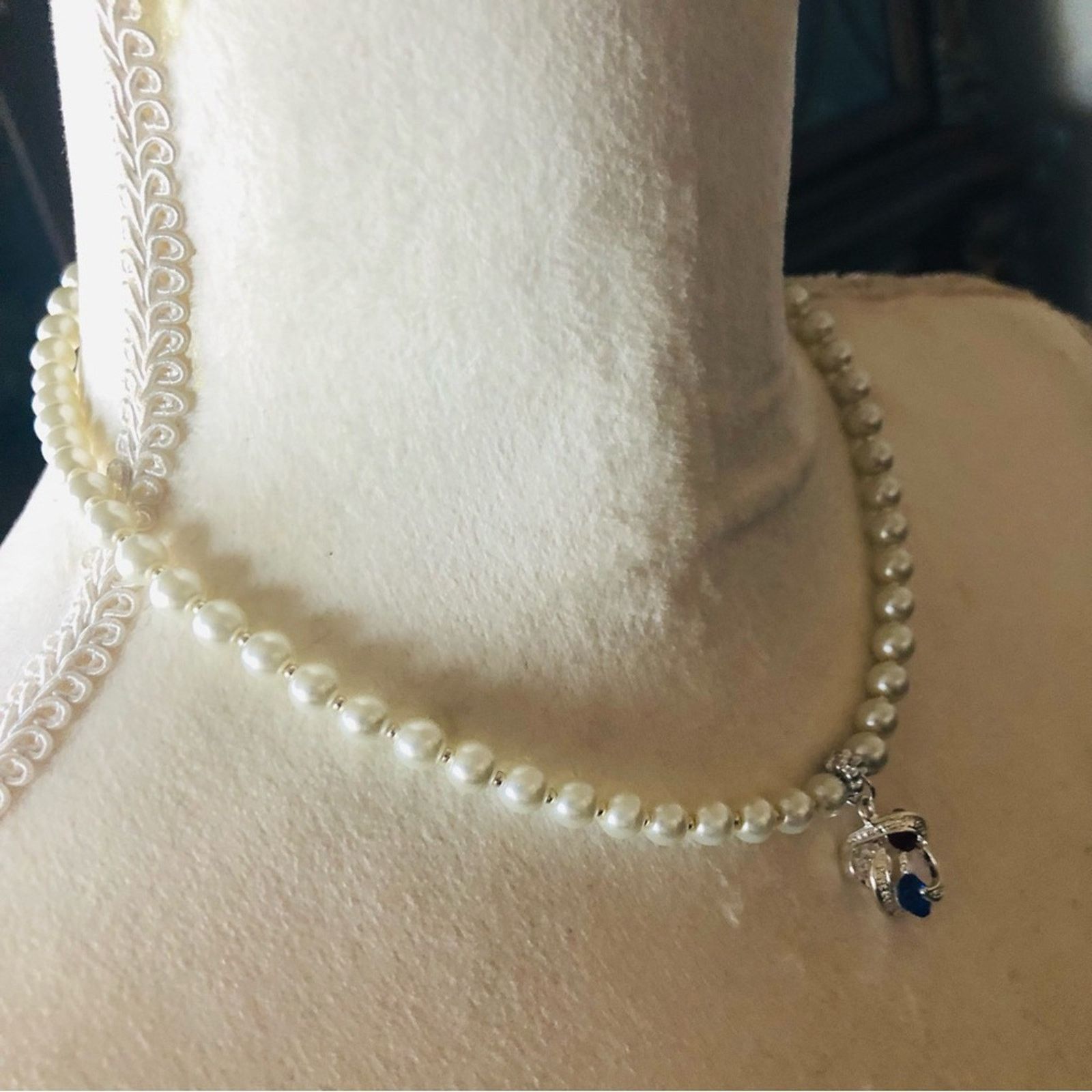 Handmade Handcrafted repurpose red white & blue stone Pearl necklace Size ONE SIZE - 3 Thumbnail