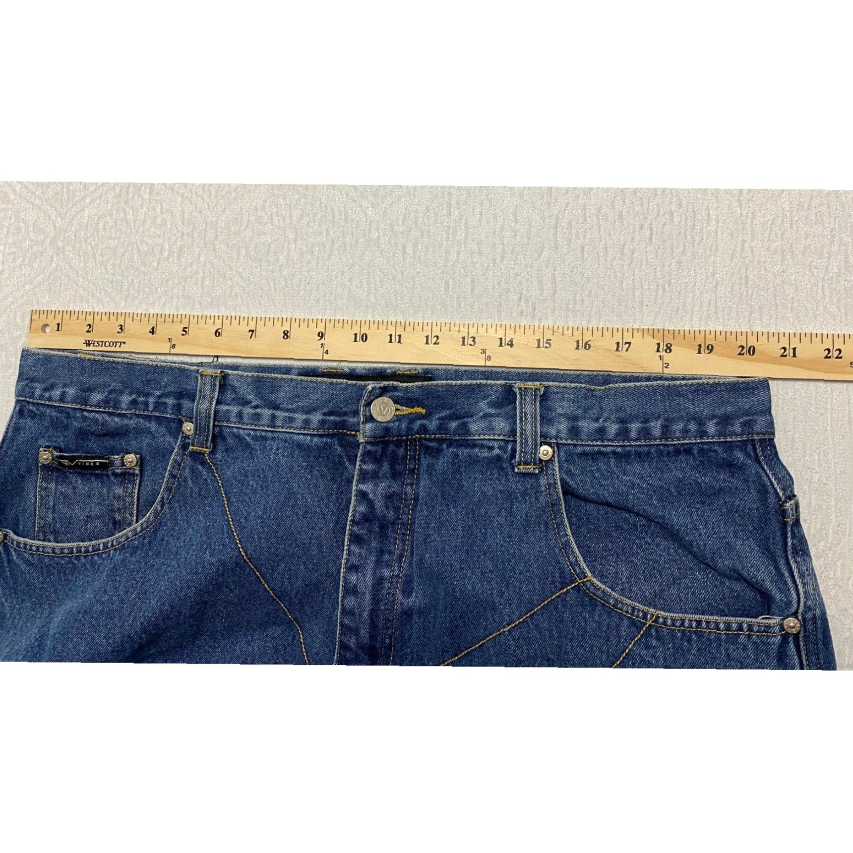 VIBE VIBES Vibes GL Gold Label Baggy Y2K Jeans Men 42x32 Blue Geometric Stitching Denim Cotton 90s Hip Hop Straight 5-Pocket Baggy Button Mens Size US 42 / EU 58 - 7 Thumbnail