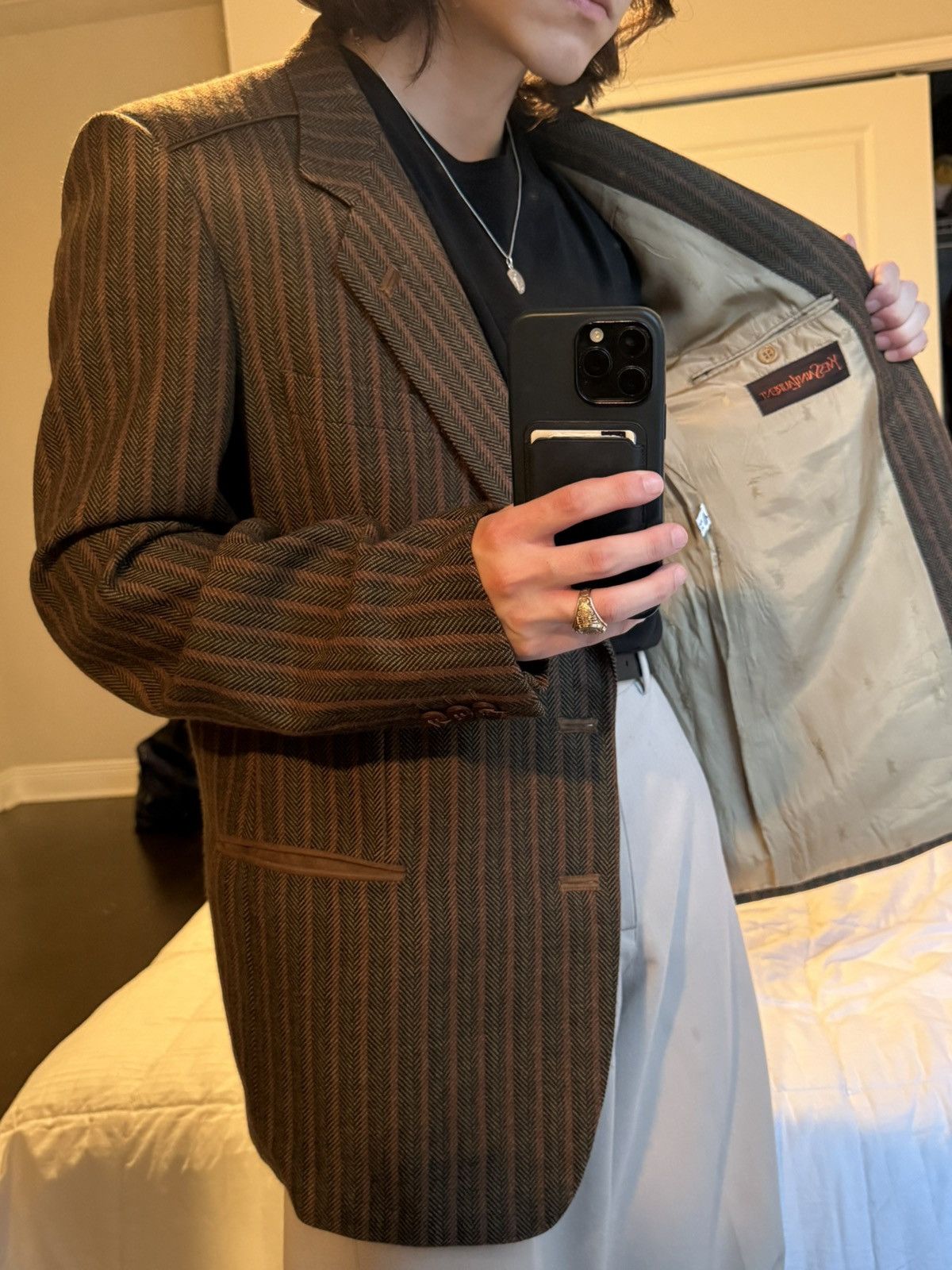 Yves Saint Laurent Vintage YSL Blazer Brown Herringbone Wool Leather Buttons IT Size 44S - 1 Thumbnail