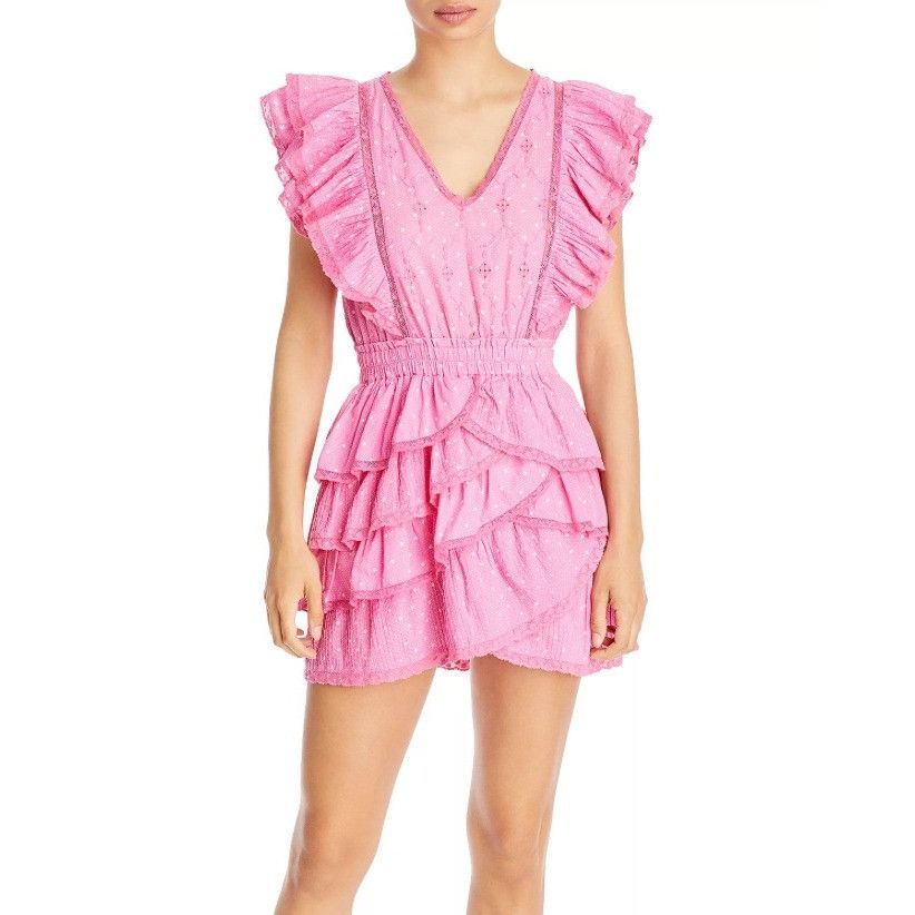 image of Loveshackfancy Corelli Ruffled Cotton Mini Dress Size M New in Hot Pink Cherry, Women's