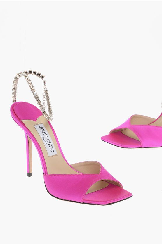image of Jimmy Choo Satin Ankle-Strap Saeda Sandals Embellished With Crystals He in Pink, Women's (Size 9)