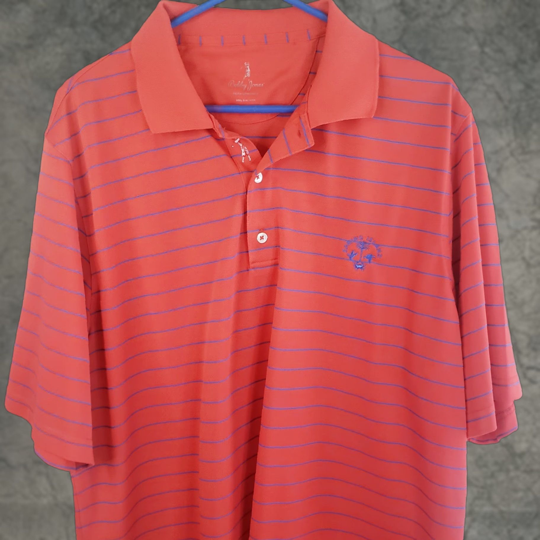 Vintage Bobby Jones Performance Polo GolfShirt Men's XL Orange Blue Stripe Short Sleeve Collared Button Stay Classic Polo Shirt Spring Island Logo Size US XL / EU 56 / 4 - 1 Thumbnail