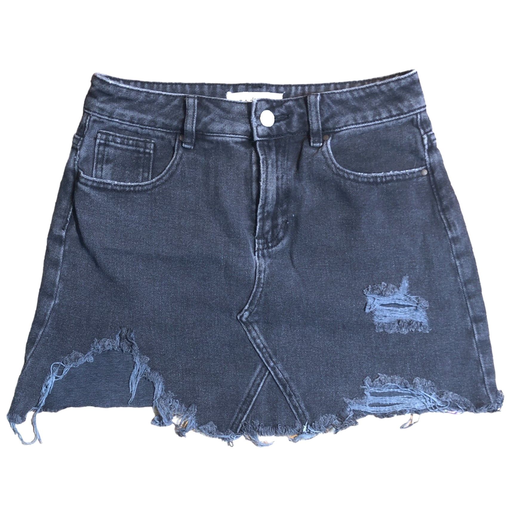 Pacsun VINTAGE PacSun Black Distressed Mini Skirt Womens 25 Mid Rise Zip Raw Hem Denim Cotton Short 90s Festival Womens Size 42" / US 20 - 2 Thumbnail