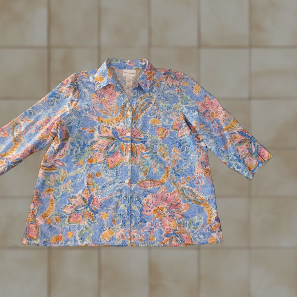 Vintage Alfred Dunner Button-Up Shirt Womens Medium Blue Floral Collared Short Sleeve Casual Regular Cotton Polyester Rayon Sheer Size M / US 6-8 / IT 42-44 - 1 Thumbnail