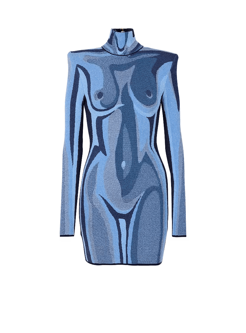 Balmain o1s1wg111225 Jacquard Knit Dress With Body Motif in Blue Size XL / US 12-14 / IT 48-50 - 1 Thumbnail