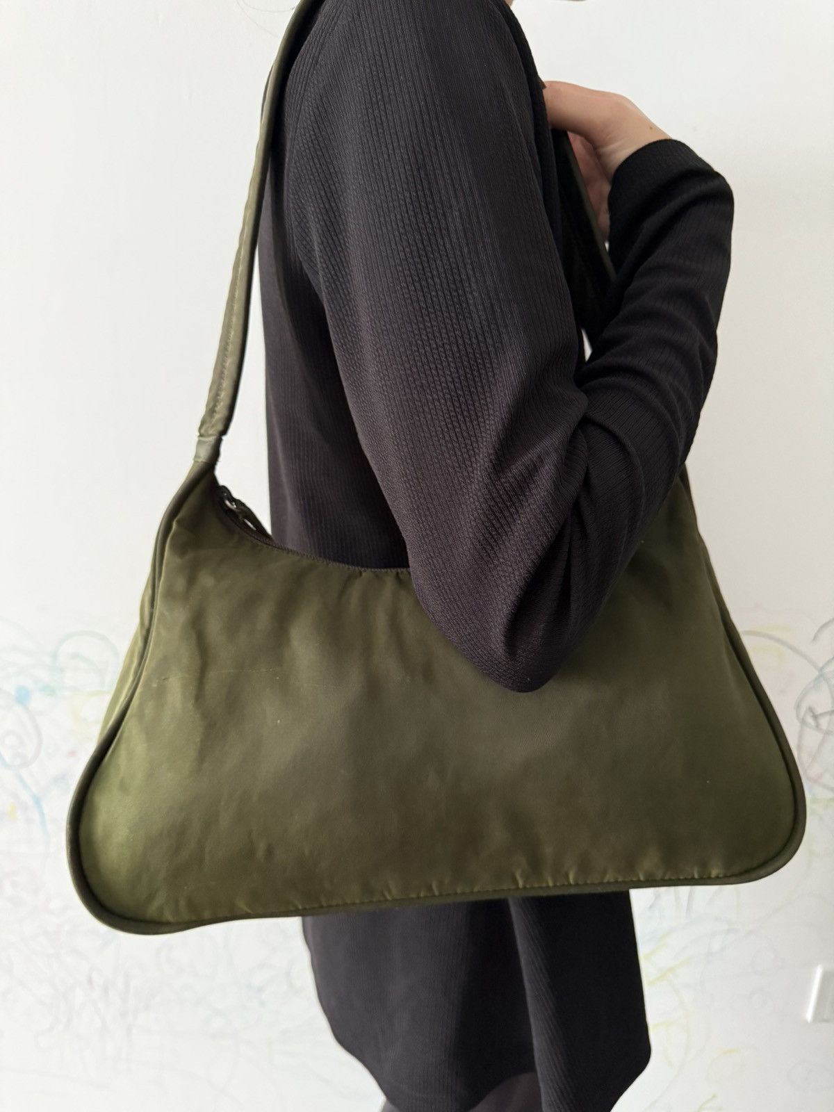 Vintage Prada Army Green Nylon Hobo Shoulder Bag