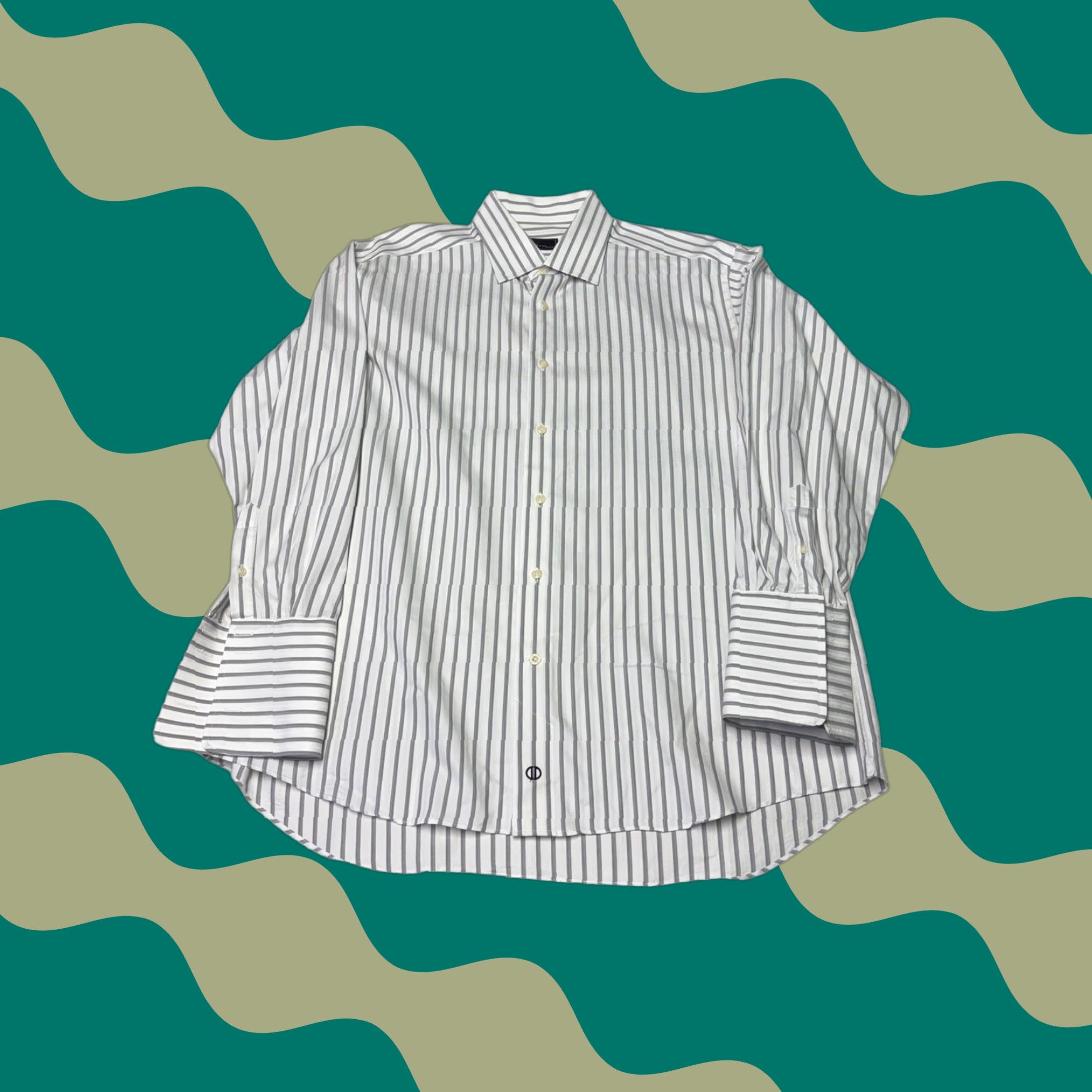 David Donahue David Donahue Mens Dress Shirt Striped White Grey Cotton 17 32/33 French Cuff Button Long Sleeve Shirt Mens Regular Tailored Formal Wedding Business Size 46R - 1 Thumbnail