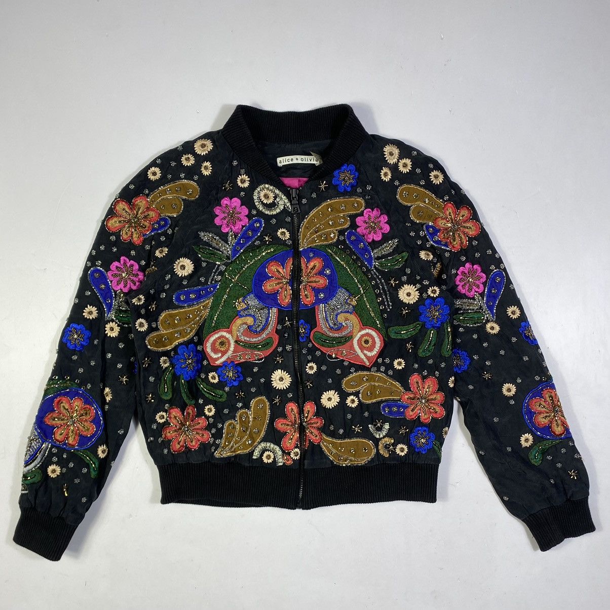 Alice Olivia Alice Olivia Black Silk Embroidered Beaded Bomber Jacket Grailed