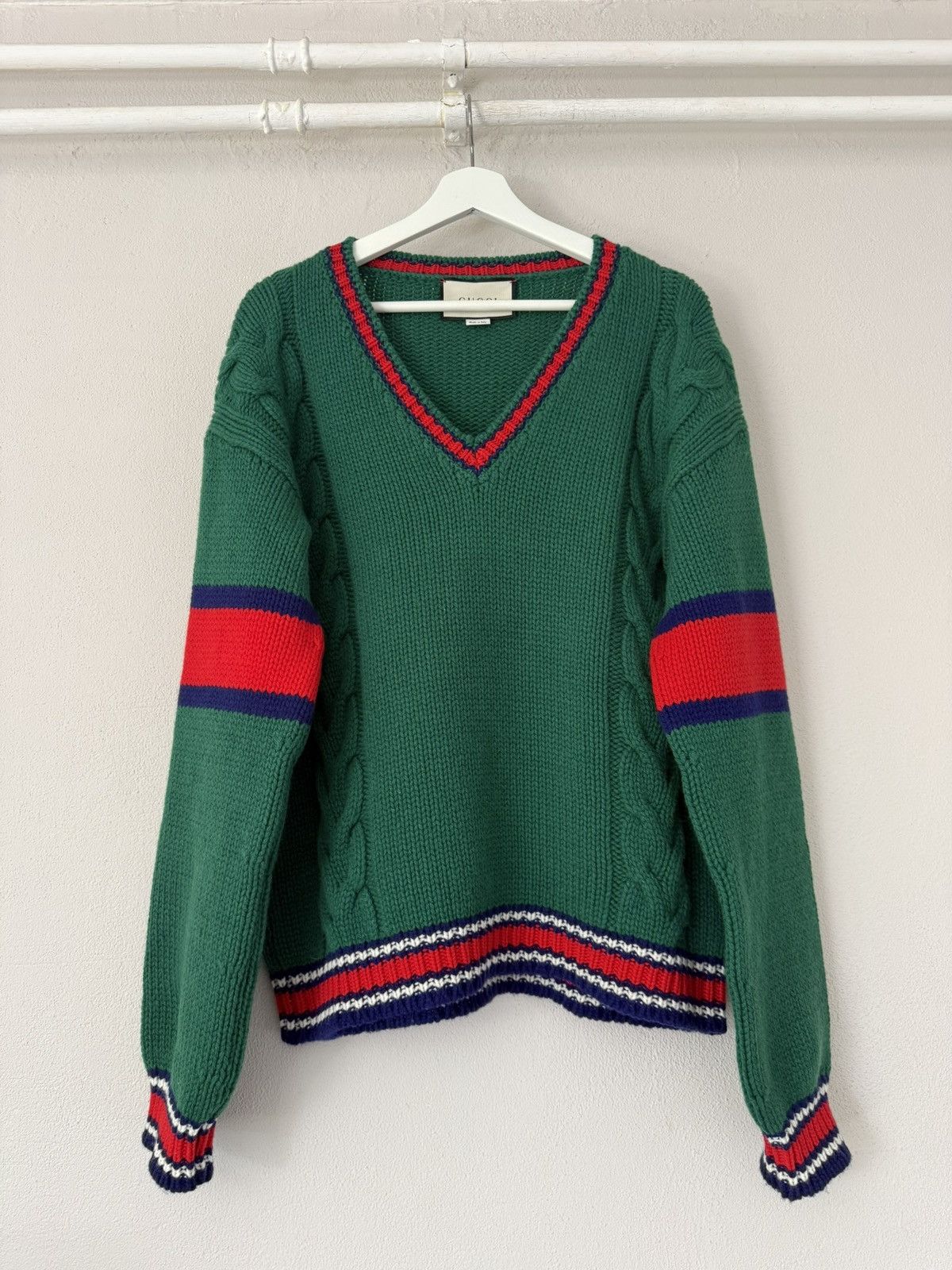 Gucci Green Cable Knit V-Neck Sweater with Stripe Trim Size US S / EU 44-46 / 1 - 2 Thumbnail