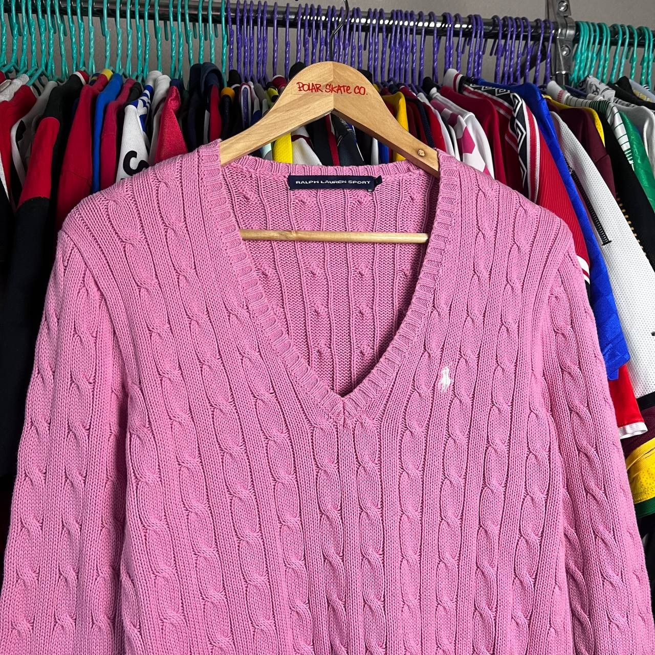 Vintage Ralph Lauren Sport Cable Knit Pink V-Neck Sweater