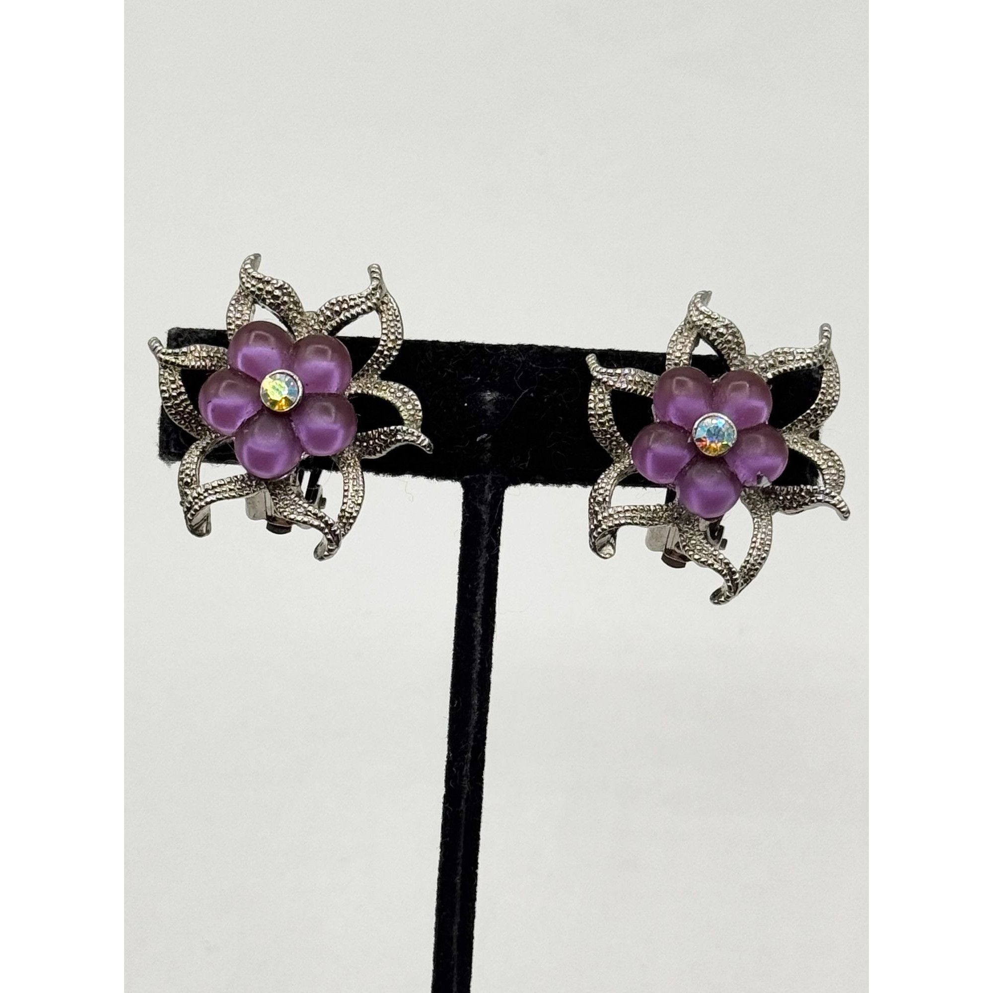 Vintage Vintage Purple moon glow flower silver rhinestone earrings Size ONE SIZE - 2 Thumbnail