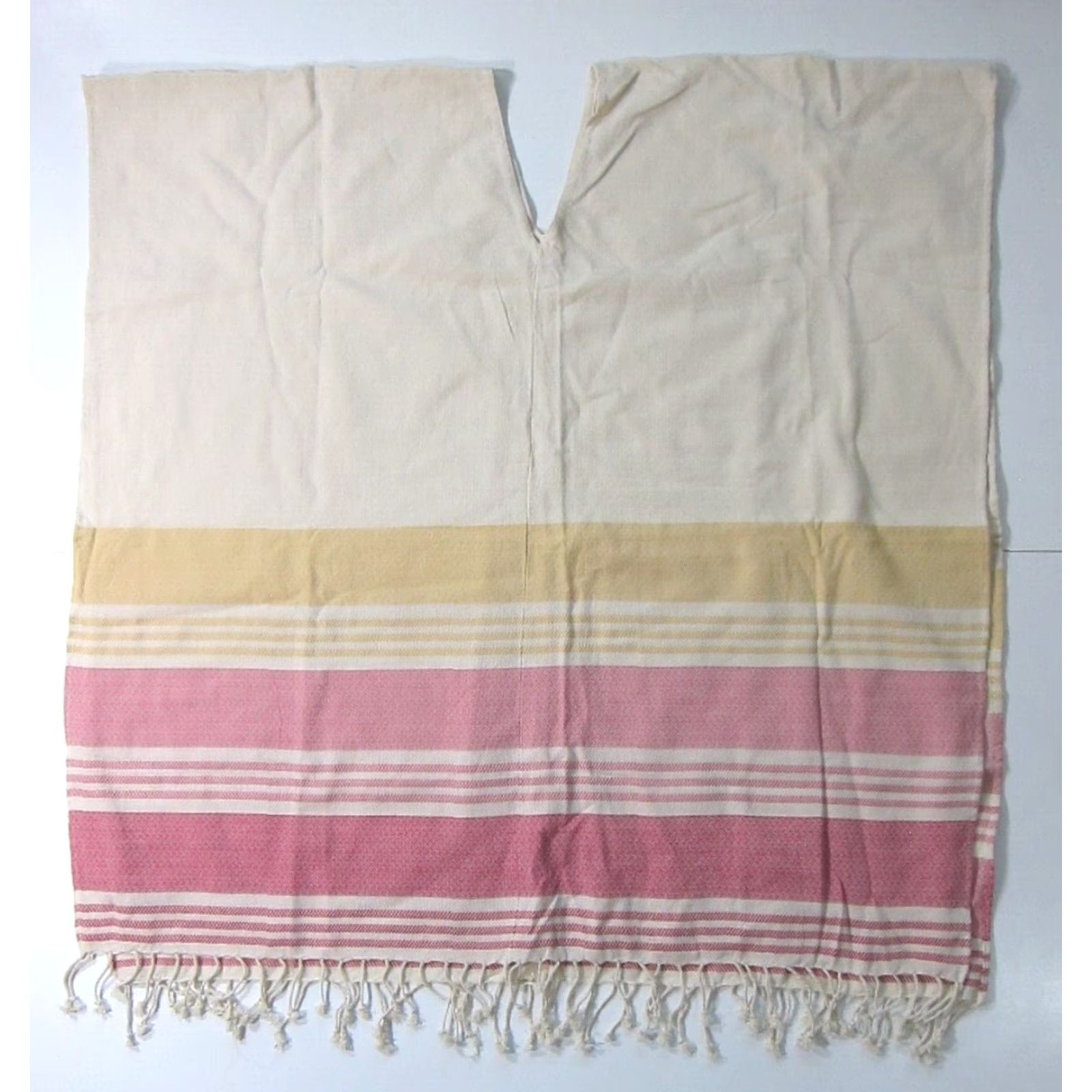 Pinko Tribe Alive Cotton Ivory Pink Yellow Stripe Beach Towel Sarong Poncho Shawl OS Shirt Womens 100% Cotton 35" X 37" Multicolor Stripe 80s 90s Beach Size ONE SIZE - 7 Thumbnail