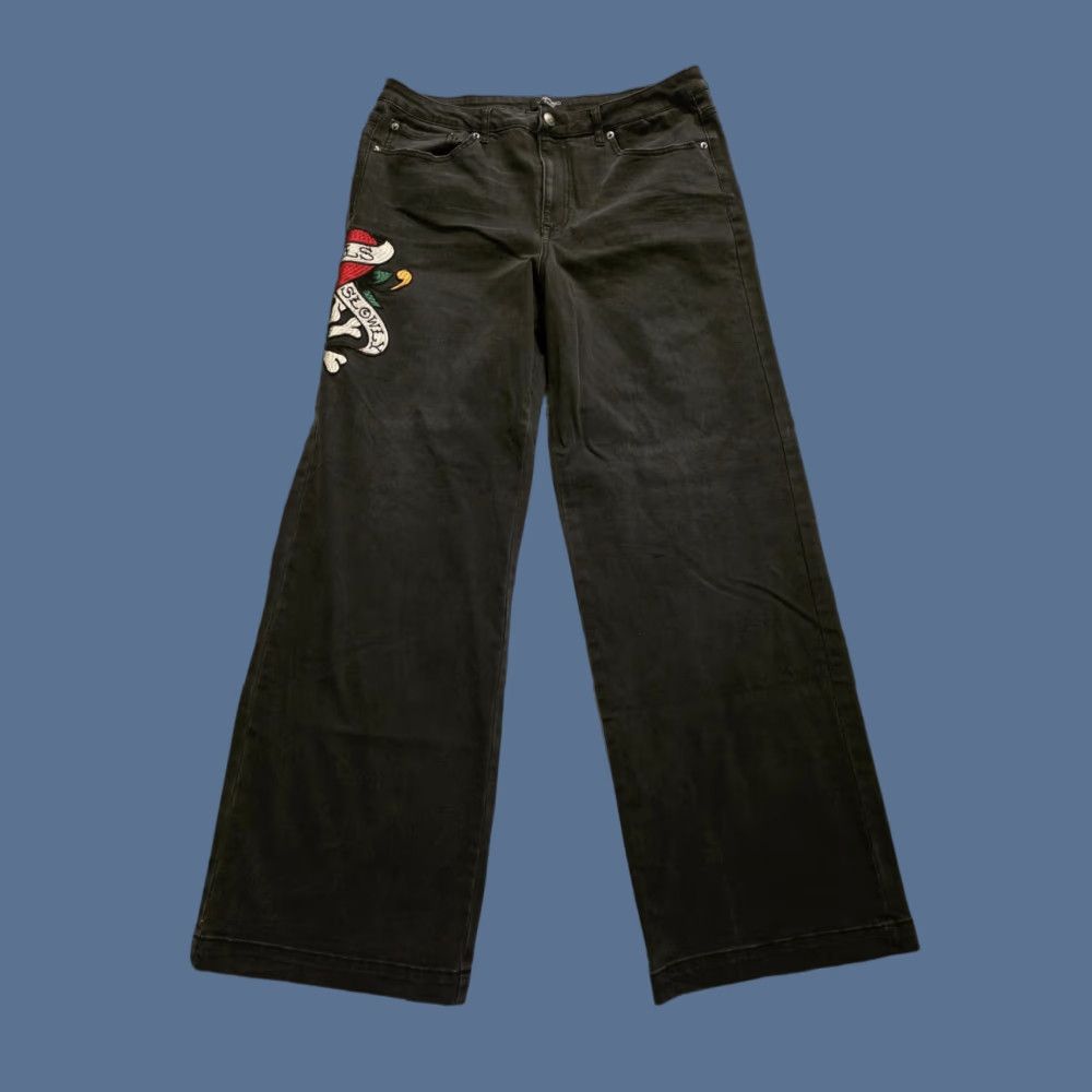 Ed Hardy VINTAGE Ed Hardy Jeans Wide-Leg Black 90s Love Kills Slowly Embroidered Logo Mens 34x32 Size US 32 / EU 48 - 1 Thumbnail