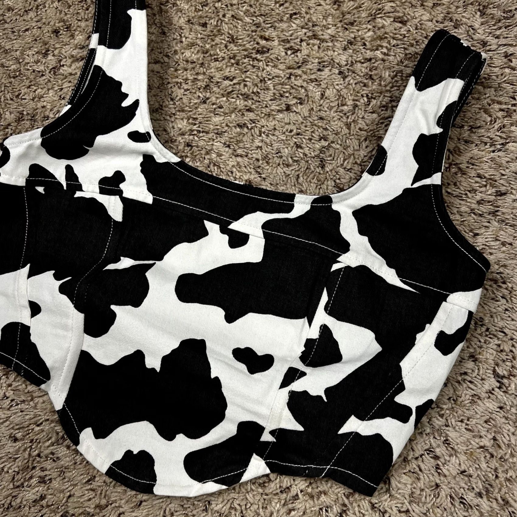 Denime Lone Star Cow Print Corset Structured Denim Crop Top Womens Medium Shirt Sleeveless Cropped Western Cowboy Cowgirl Slim Regular Black Cap Sleeve? Size M / US 6-8 / IT 42-44 - 4 Thumbnail