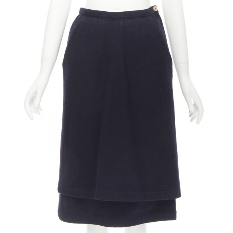 COMME DES GARCONS 1980s Vintage blue wool angular pocket layered hem skirt S