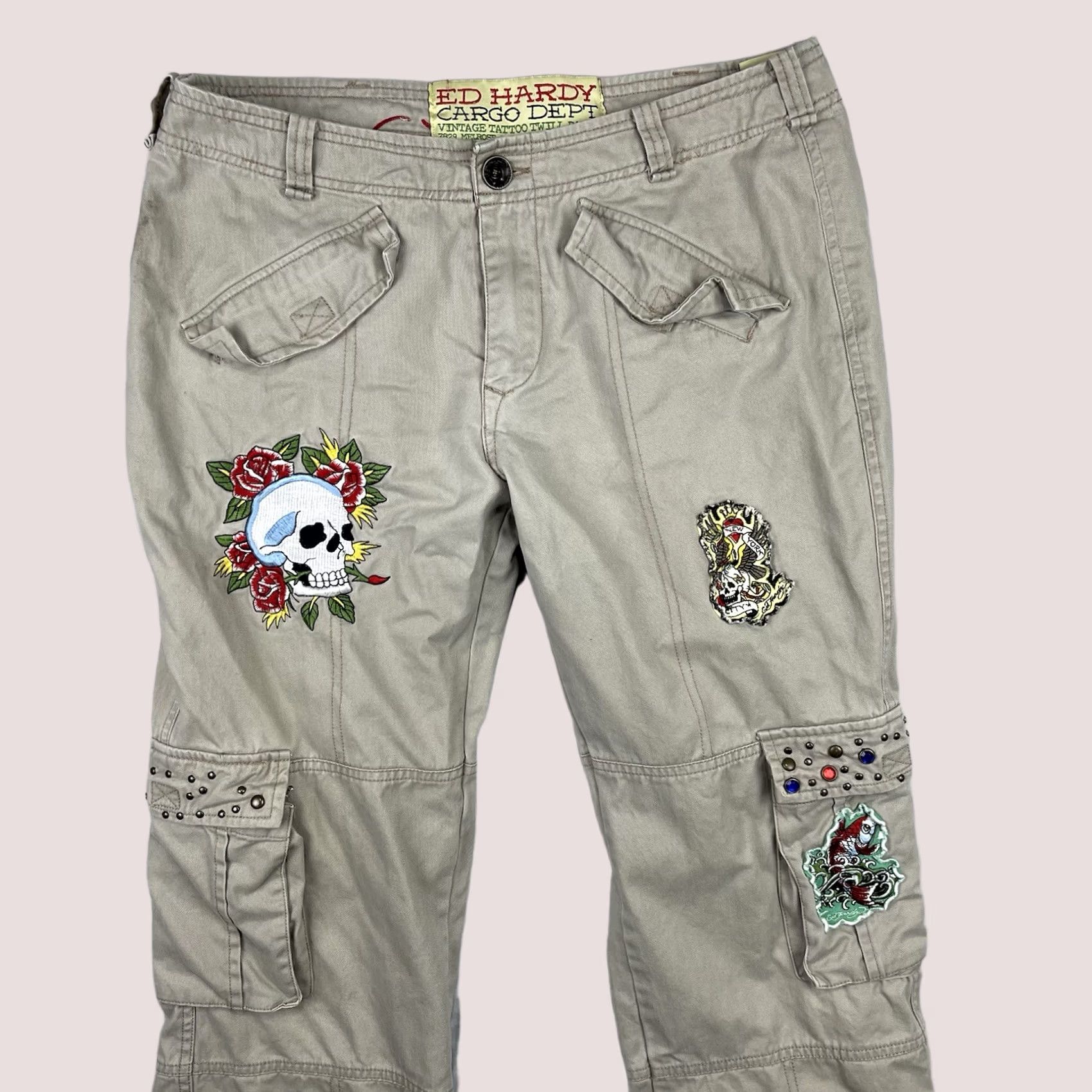 Ed Hardy VINTAGE Ed Hardy Cargo Pants Women 29 Paratrooper Y2K Patches Studded Rhinestone Pants Woman Beige 29 Cargo Size 29" - 1 Thumbnail