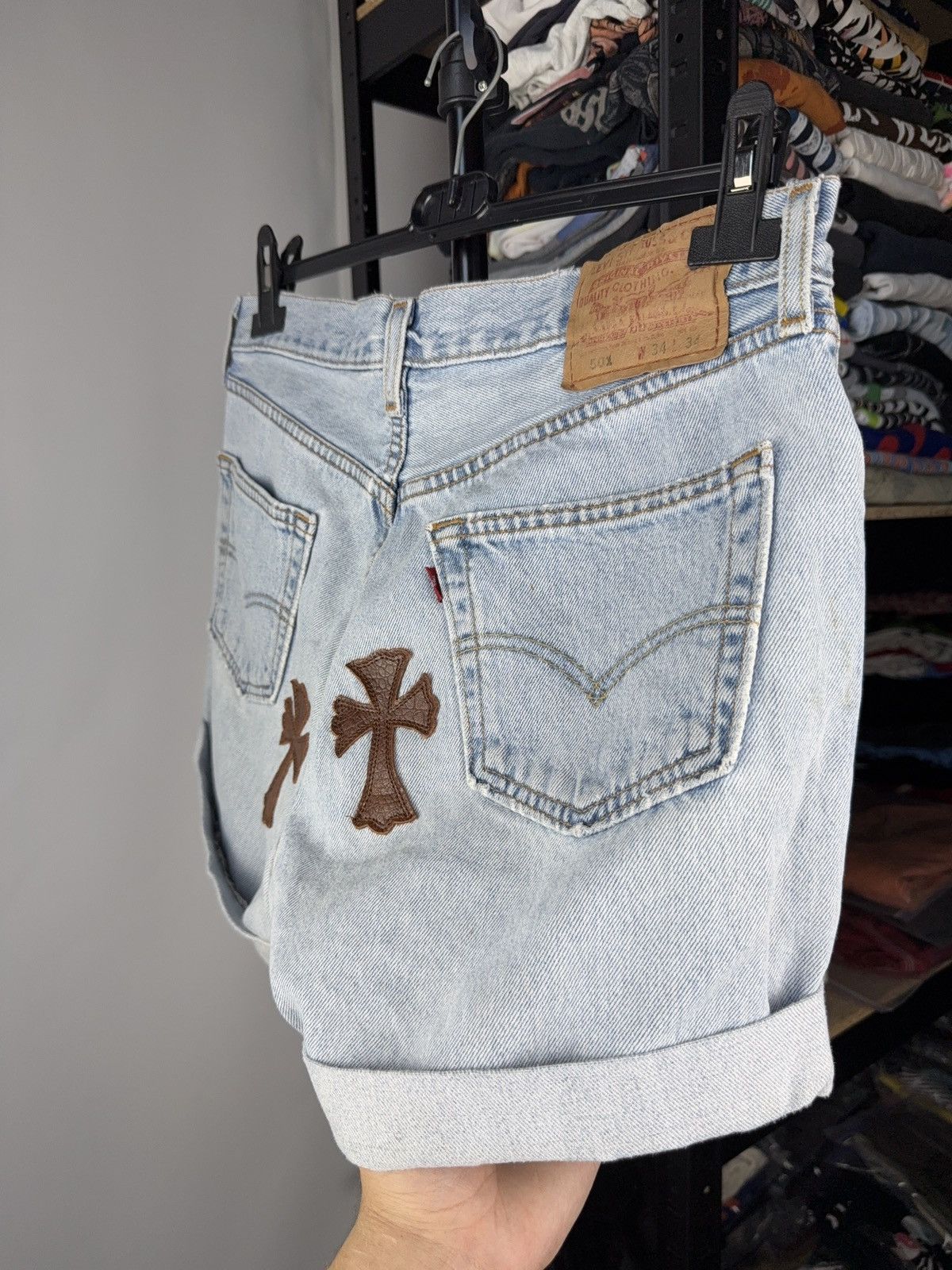 Levi's Vintage 90s Archival Chrome Hearts Style Cross Denim shorts Size 31" - 8 Thumbnail