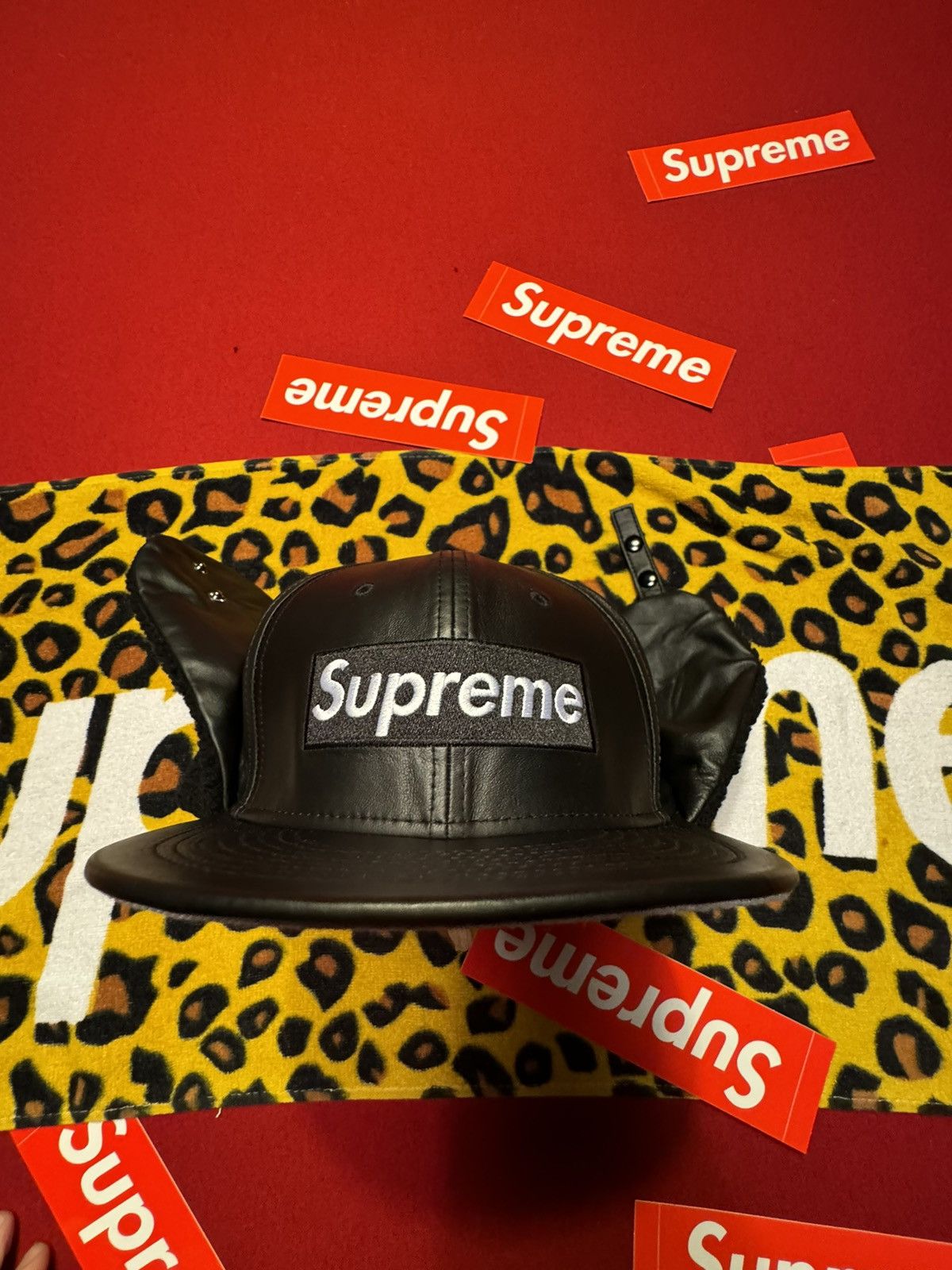 Supreme Leather Box Logo New Era Hat Red