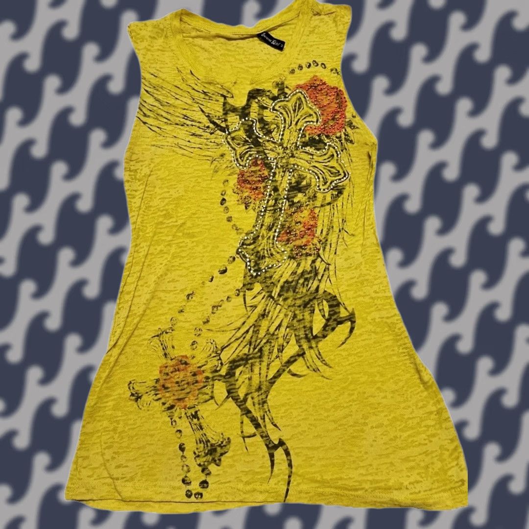 Vintage VINTAGE Sweet Girl Yellow Cross Graphic Rhinestone Womens Medium Tank Top Sleeveless Grunge Y2K Casual Womens Size M / US 6-8 / IT 42-44 - 1 Thumbnail
