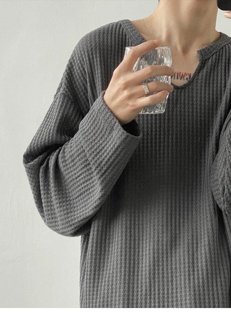 Japanese Brand × Vintage Korean fashion grey U neck long sleeve waffle top Size US M / EU 48-50 / 2 - 4 Thumbnail