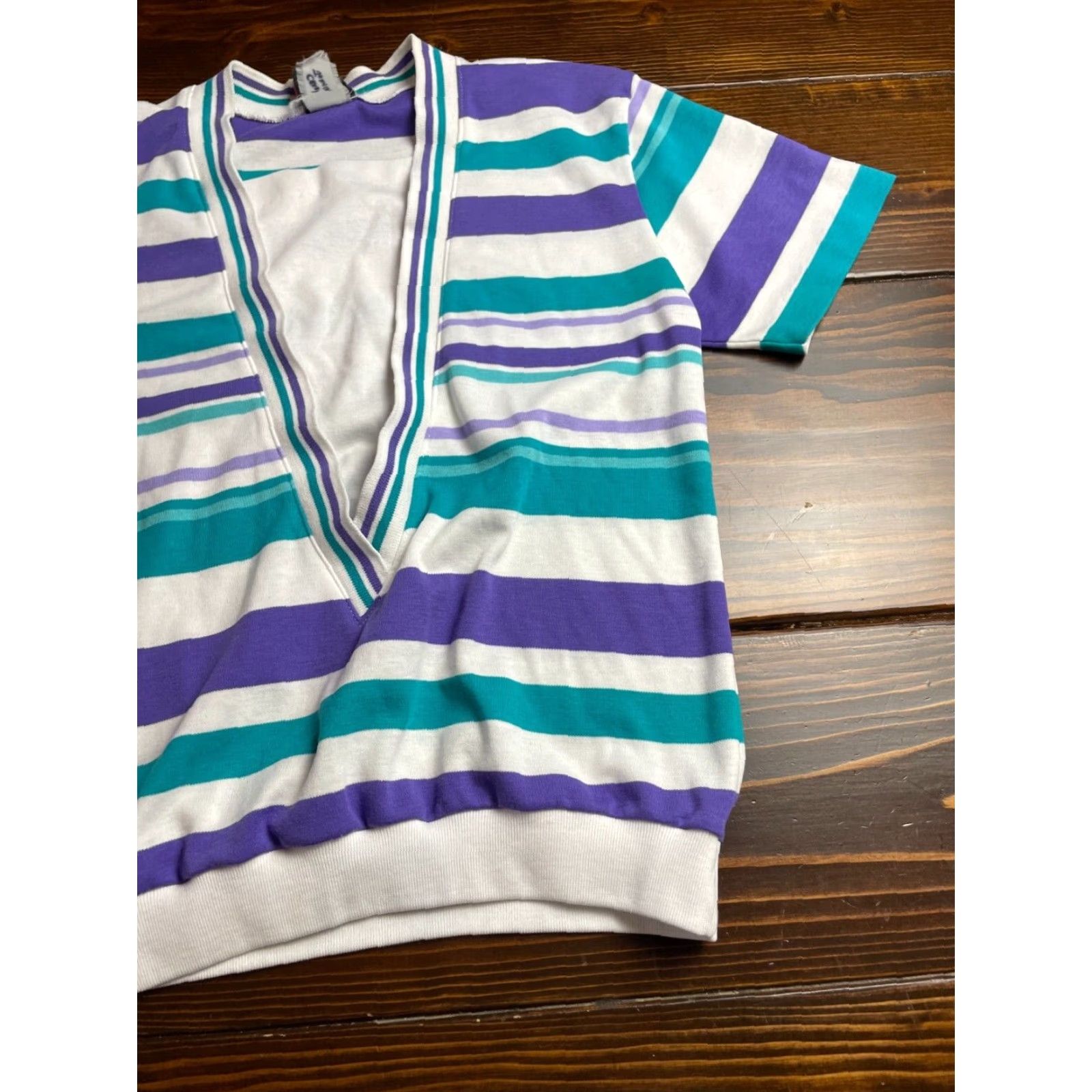 Jantzen JANTZEN Classics Sweater Women's L Multicolor Striped V-Neck Short Sleeve Pullover Knit Shirt Size L / US 10 / IT 46 - 3 Thumbnail