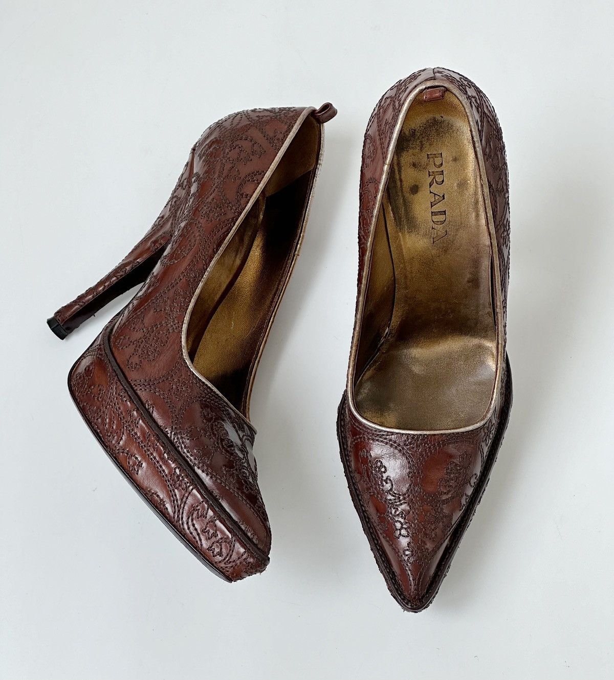 image of Sz37Prada 2006 Embroidered Heel Shoes Y2K Grunge Runway Archive in Brown, Women's