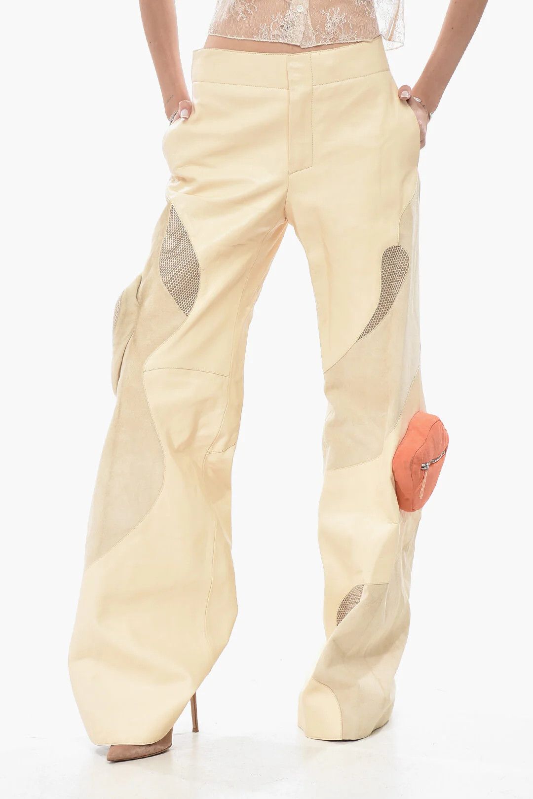Off-White og1mm0426 Leather Palazzo Pant in Beige Size 28" / US 6 / IT 42 - 1 Thumbnail