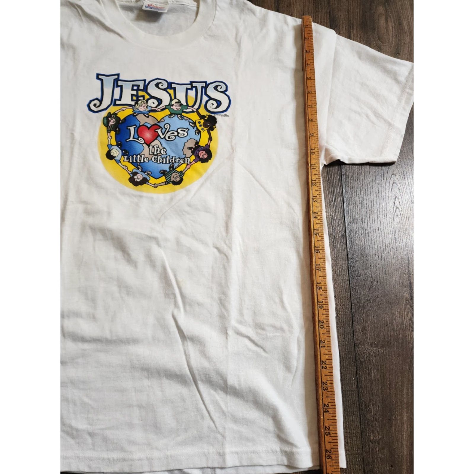 Hanes VINTAGE Hanes T-Shirt Mens L Jesus Loves The Little Children Double Sided White Cotton Crew Neck Short Sleeve Size US L / EU 52-54 / 3 - 4 Thumbnail