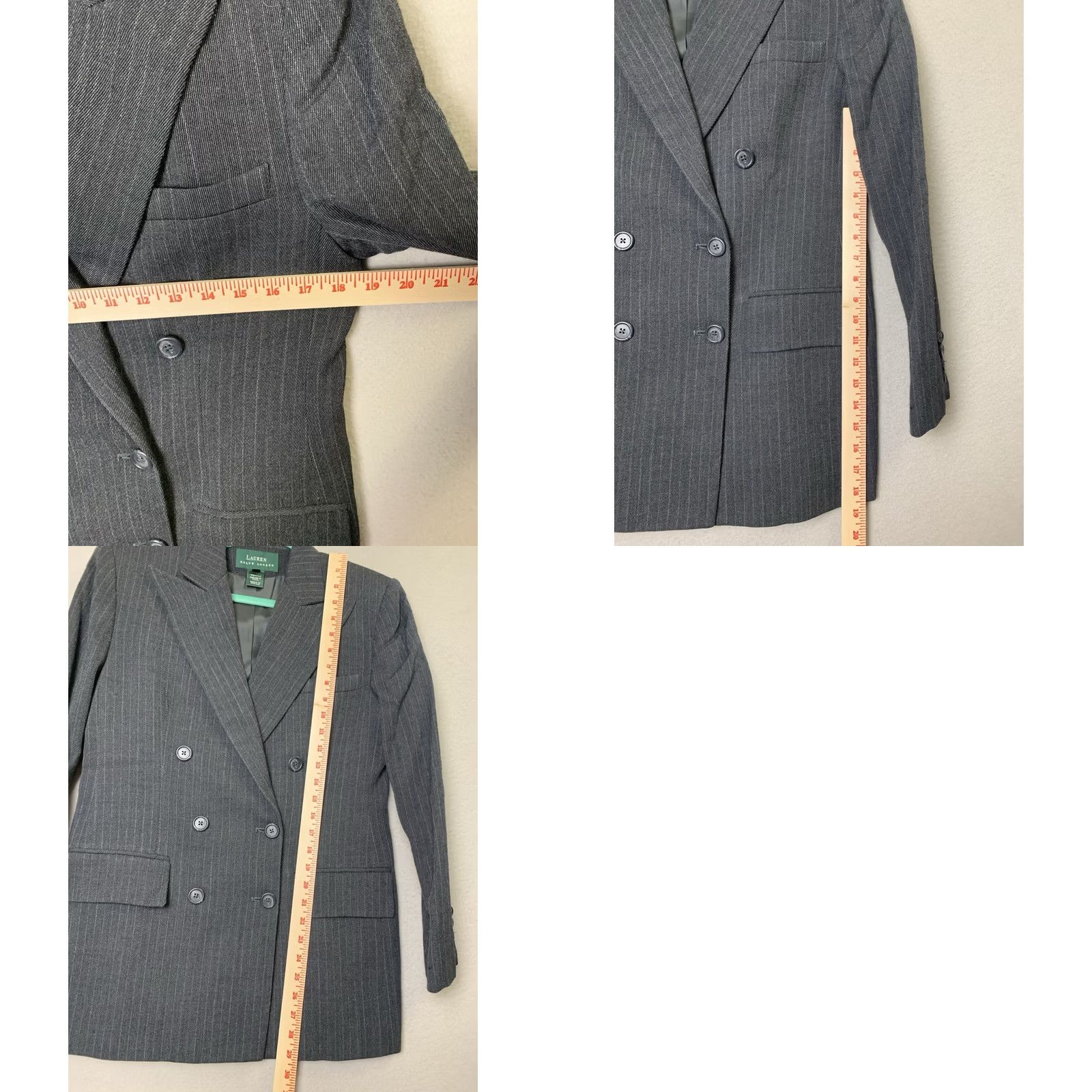 Ralph Lauren VINTAGE Lauren Ralph Lauren Blazer Jacket Women’s 6 Gray Pinstripe 100% Wool Notch Lapel Lined Double-Breasted Six-Button Front Size M / US 6-8 / IT 42-44 - 8 Thumbnail
