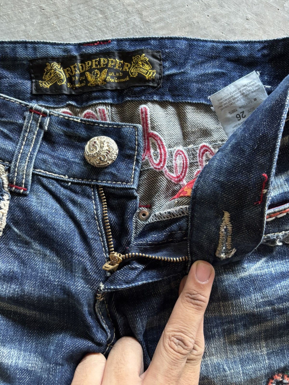 Hysteric Glamour RED PEPPER flare japanese denim floral patches low rise Size US 27 - 4 Thumbnail