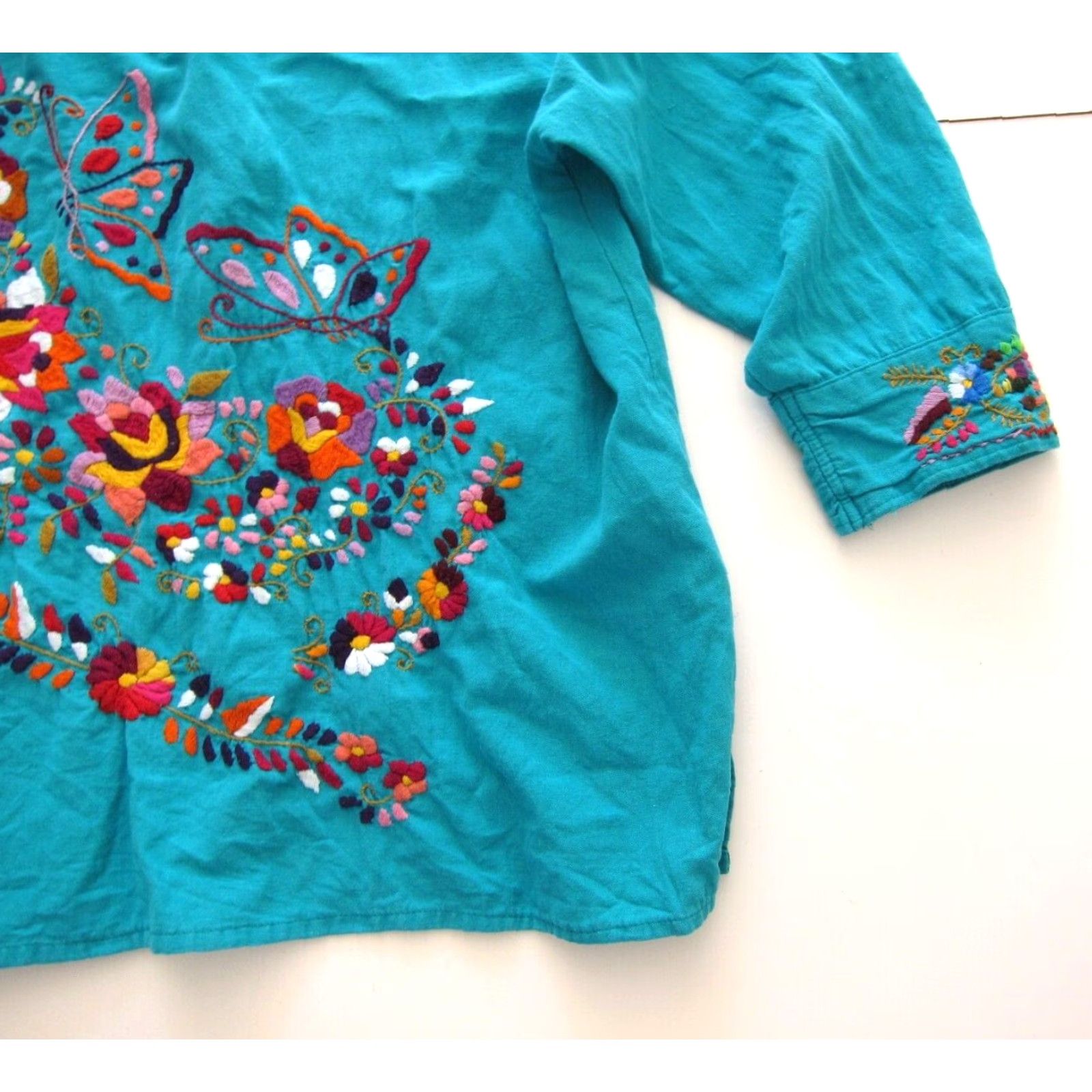Altea Vintage Unbranded Blouse 100% Cotton Teal Pink Orange Embroidered Butterfly Floral Hippy L Women 3/4 Sleeve V-Neck Tunic Size L / US 10 / IT 46 - 5 Thumbnail