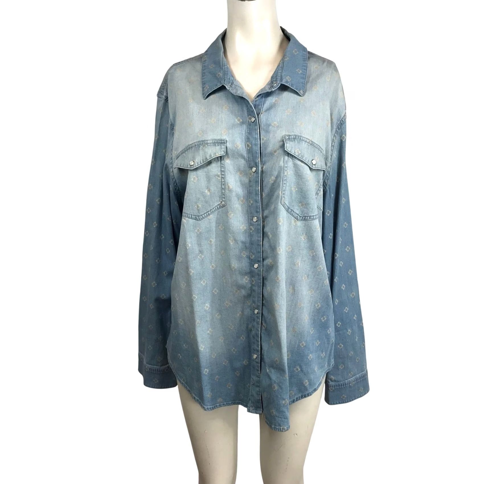 Vintage Tahari Womens 2XL Blue Denim Diamond Print Snap Front Long Sleeve Shirt Clothes Shirt Button-Up Casual Western Bohemian Plus Size Mens Womens Girls Size XXL / US 16-18 / IT 52-54 - 2 Thumbnail