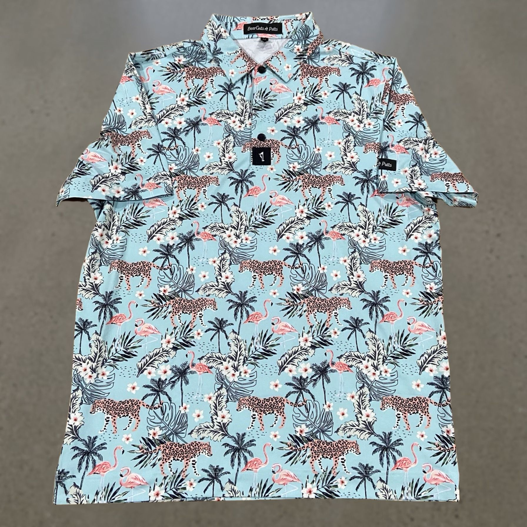 Vintage Beerguts n Putts Funny Golf Shirt Medium Blue Flamingo Jungle Print Polo Men Size US M / EU 48-50 / 2 - 1 Thumbnail