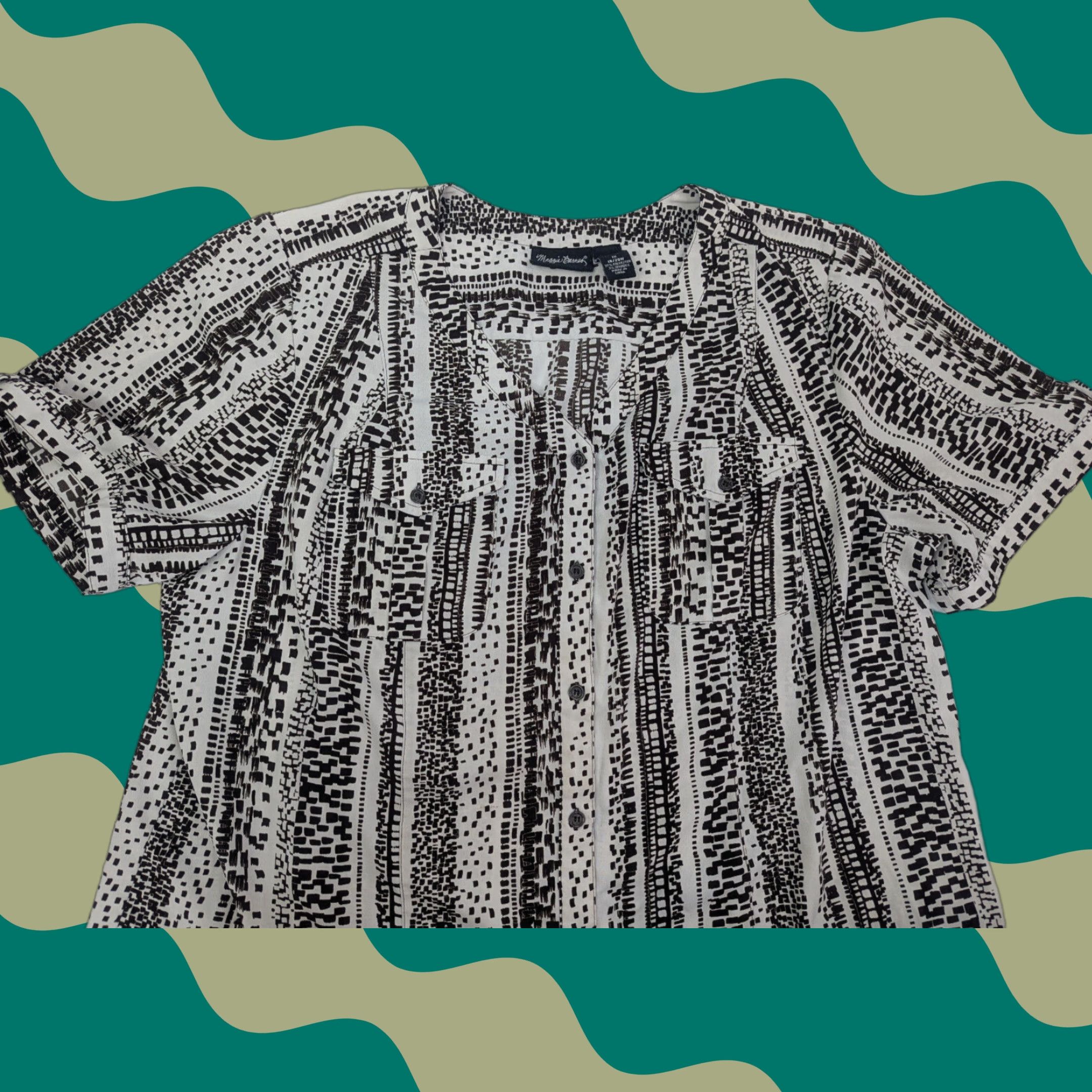Vintage Maggie Barnes Shirt 1X Brown V Neck Button Front Patterned Tunic Short Sleeve Women Plus Size XL / US 12-14 / IT 48-50 - 1 Thumbnail