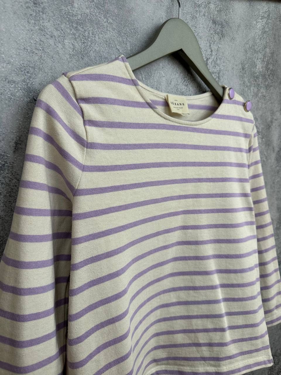 Sezane Sezane Colette Mariniere Ecru / Lilac Organic Cotton T-Shirt Size XS / US 0-2 / IT 36-38 - 4 Thumbnail
