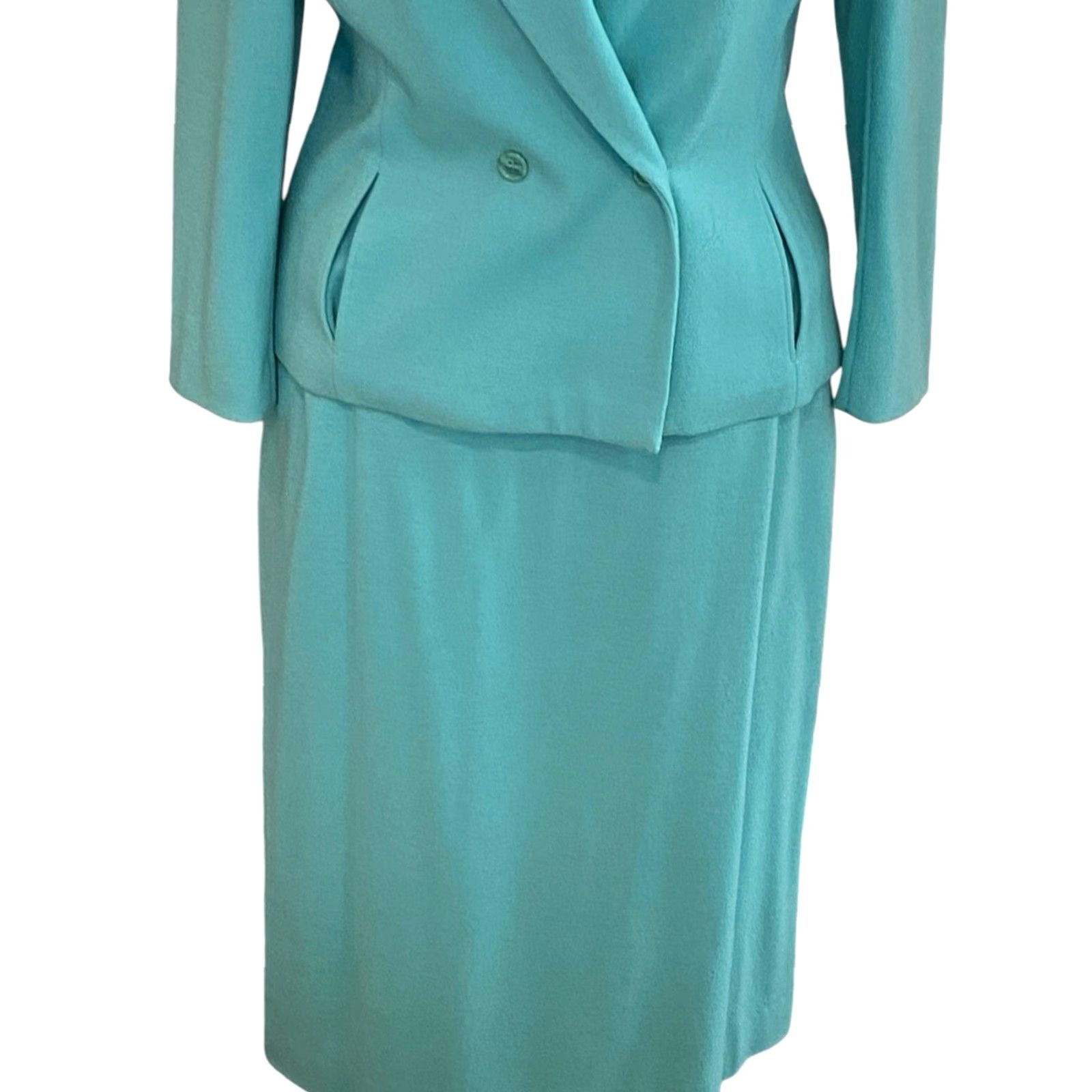 Vintage VINTAGE Bleyle Blazer Skirt Set Wool Turquoise Classic Size 18 14 Top Women Sleeves Long Wool Felted Dry Clean Only Belted Collared Open Fall Winter Size XXL / US 16-18 / IT 52-54 - 4 Thumbnail