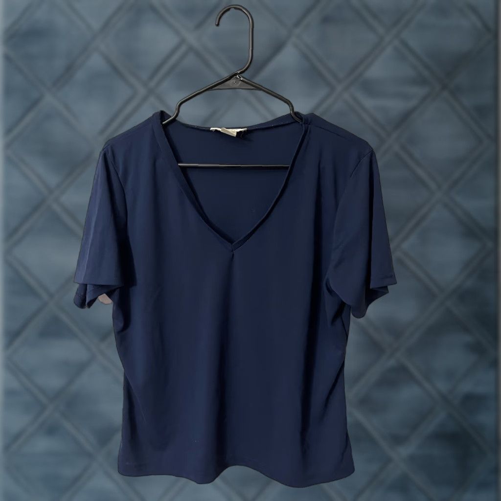 Express VINTAGE EXPRESS V-Neck Top Short Sleeve Womens Large Navy Blue Casual Cotton Spandex Size L / US 10 / IT 46 - 1 Thumbnail