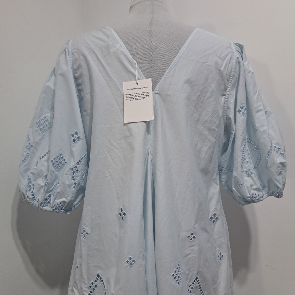Ganni Ganni Broderie Anglaise Puff Sleeve Organic Cotton Mini Dres Size L / US 10 / IT 46 - 9 Thumbnail